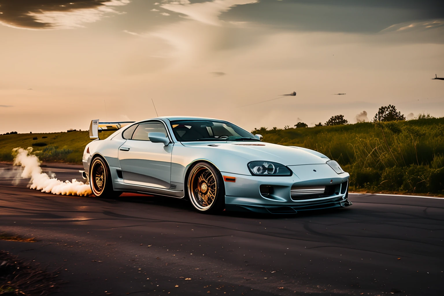 Drift car releasing smoke with a loose wheel