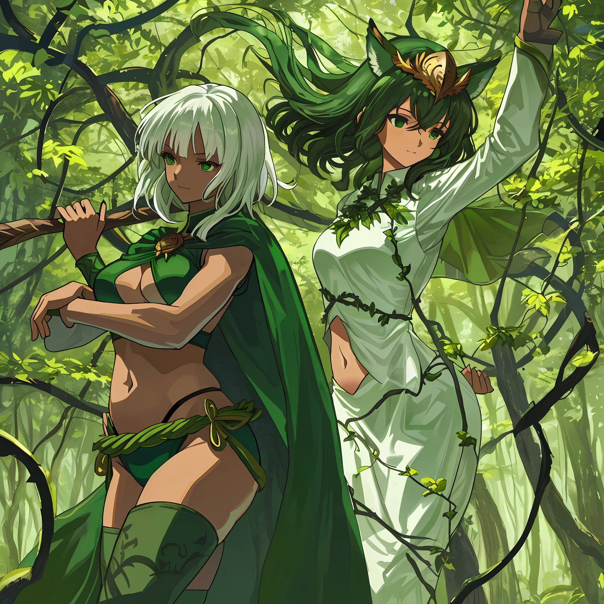 fantasy, 1forest_elemental_girl, fighting, (using_leaves_clothes, green_leaves_covered_breasts, leaves_covered_pussy)+++,medium_breasts,dynamic_pose_standing, light_smile, sleepy, medium_hair, navel,(dark_skin)+, oil, (winding_vine_around_torso)++, plump,forest, trees_background, leaves_headgear, green_leaves_cape, hold_large_long_staff, thighhighs,