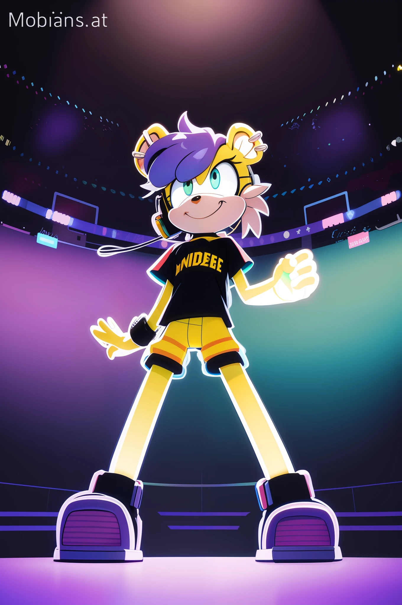 Mina Mongoose, (best quality, insanely detailed illustration:1.2), masterpiece, child, ???, epic realistic, hyperdetailed, intricate details, (hdr:1.25), (intricate details:1.14), (hyperrealistic 3d render:1.16), (filmic:0.55), , dynamic pose, headset microphone, stage, crowd, stadium, evening, reflectors, neons, glowing bracelets, t-shirt, tight shorts, field of view, digital art, happy, flat chest, smile, child, ???, adorable, petite, very young, mobian
