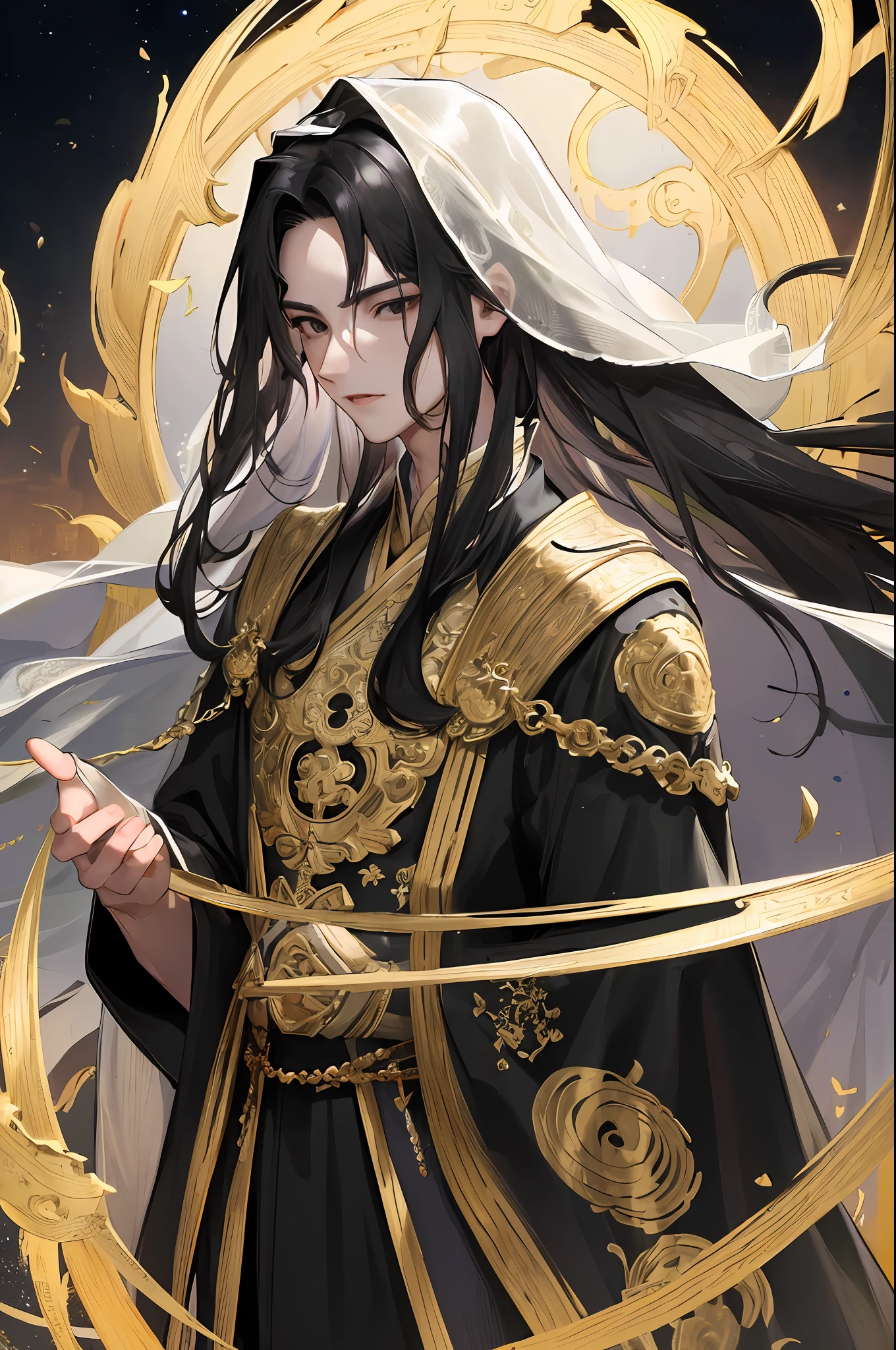 masterpiece, best quality, night, full moon, one man, china, black hair, black eyes, black eyes, split hair, long hair, long hair, masculine, serious, gentle, tall, calm, white silk veil, gold pattern, dragon pattern road, prince, universe, divine