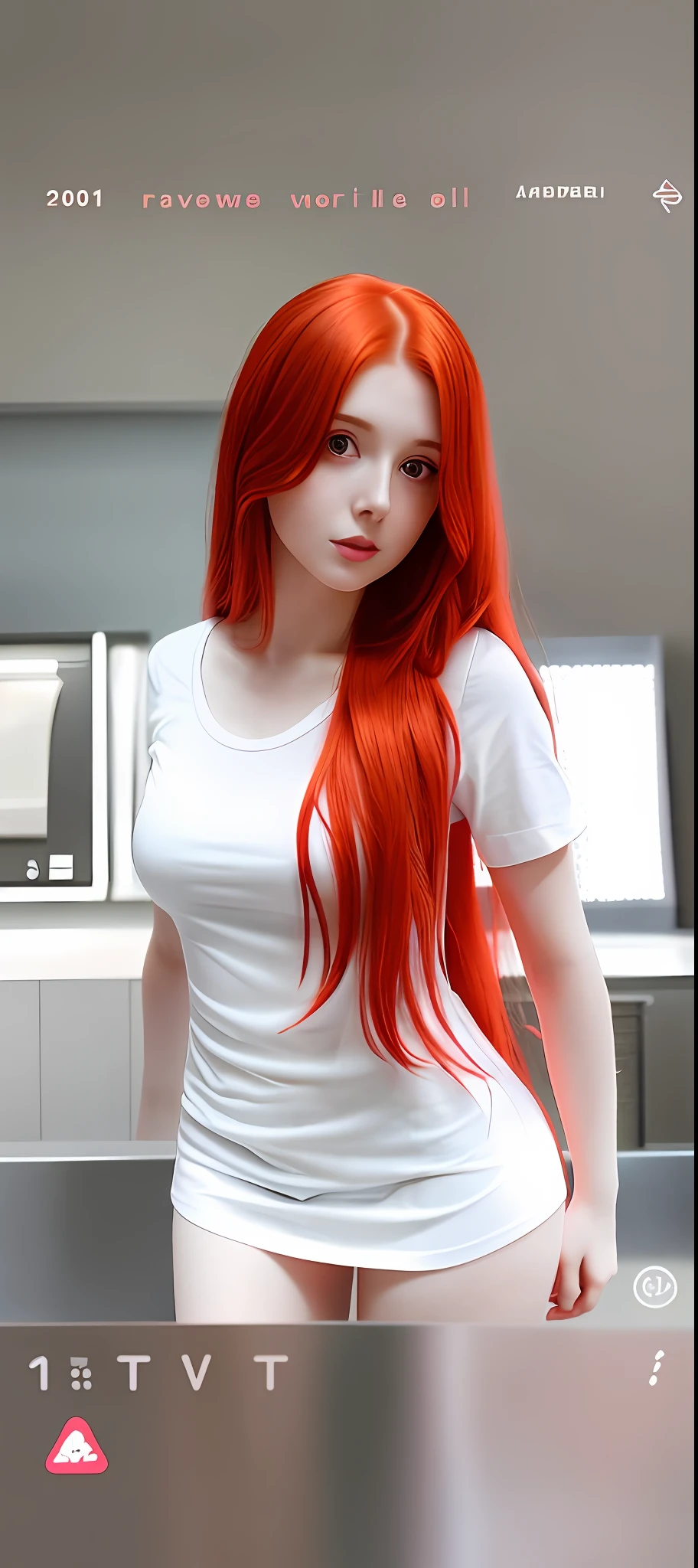 a close up of a woman with long red hair wearing a white shirt, redhead girl, amouranth, better known as amouranth, young beautiful amouranth, redhead, cute young redhead girl, short redhead, with pale skin, she is redhead, red haired goddess, anna nikonova aka newmilky, red head, wearing a cute top, lacey