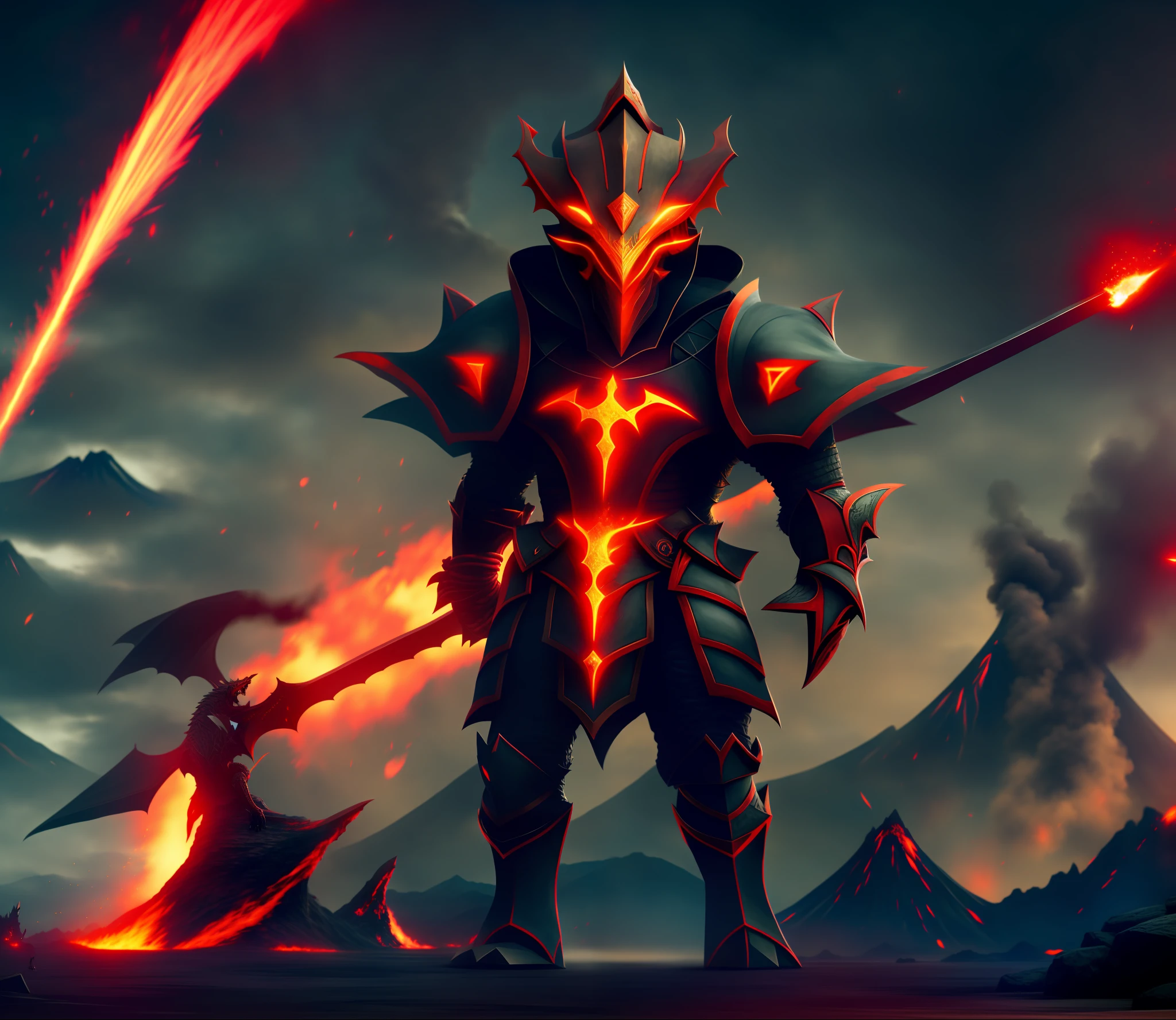 dragon knight, human face, red eyes, imposing, tall,with background volcanoes, black and red armor, best quality, 8k, masterpiece:1.3