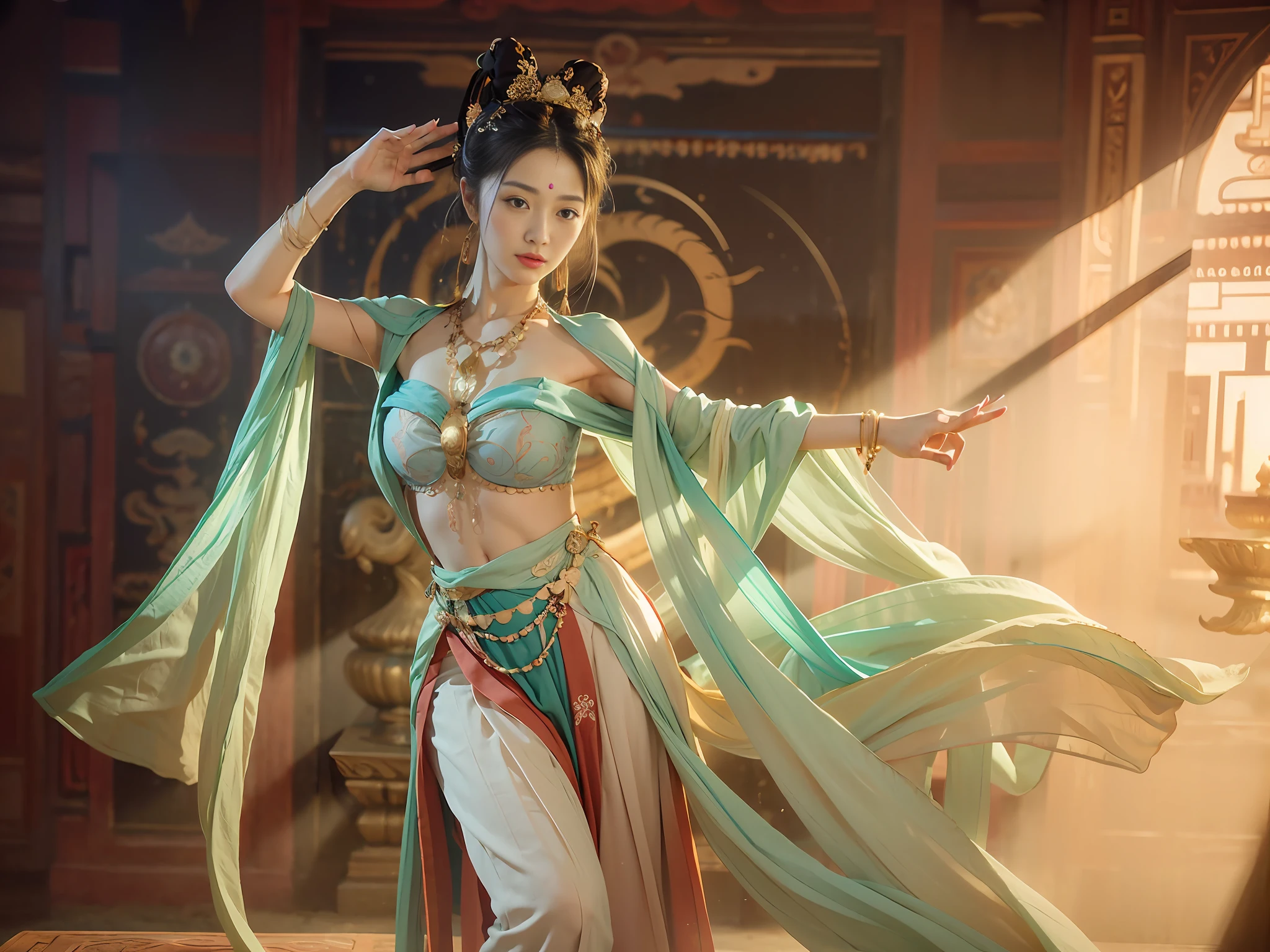 (8k, RAW photo, best quality, masterpiece:1.2), (realistic, photo-realistic:1.4), (extremely detailed CG unity 8k wallpaper), 1 girl solo, dance, dunhuang_dress, dunhuang_style, dunhuang_background,