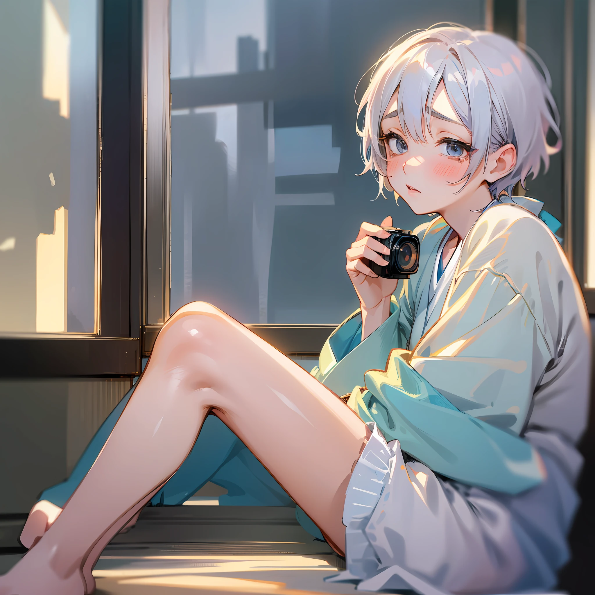 Woman taking photo by window, soft portrait shot 8k, girl cute - fine face, nice delicate face, Yoshitomo Nara, short hair, anime. Soft lighting, portrait cute fine face, soft portrait, cute natural anime face, beautiful delicate face, Japan model, full body image wearing a refreshing yukata in white and light blue, Kuroko crying at the corner of the left eye --auto --s2