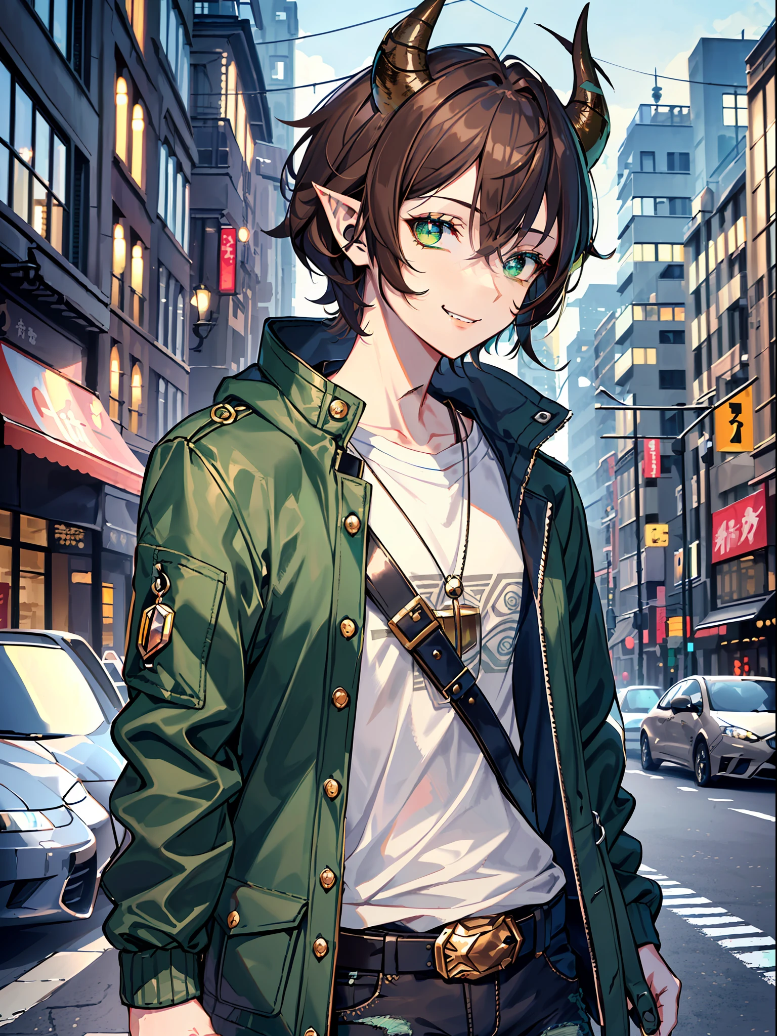 ((highest quality, masterpiece, 4k, finely detailed, detailed eyes, detailed face, intricate details, gelbooru, pixiv)), warm lighting, ((solo)), 1boy, skinny, lanky, pointy ears, ((shaggy, middle long, brown hair, a lot of loose strands, bangs falling into face, blue-green demon horns)), ((blue-green eye color, half-lidded neutral eye shape, sharp pupils)), dynamic pose, looking at viewer, smiling, (Shirt with baggy jacket and lots of straps over it. Ripped black skinny jeans, a lot of belt straps), (((scar on nose))), city background