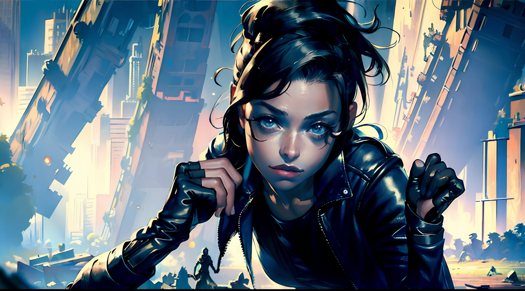 "(masterpiece:1.5), (realistic:1.5), solo, 1 woman, she is Ella Balinska as a super hunter in an apocalyptic world zombie, zombiepunk, leather jacket, fingerless gloves, perfect hands, strong:1,3, boots, expansive landscape, devastated city, dark them:1,2