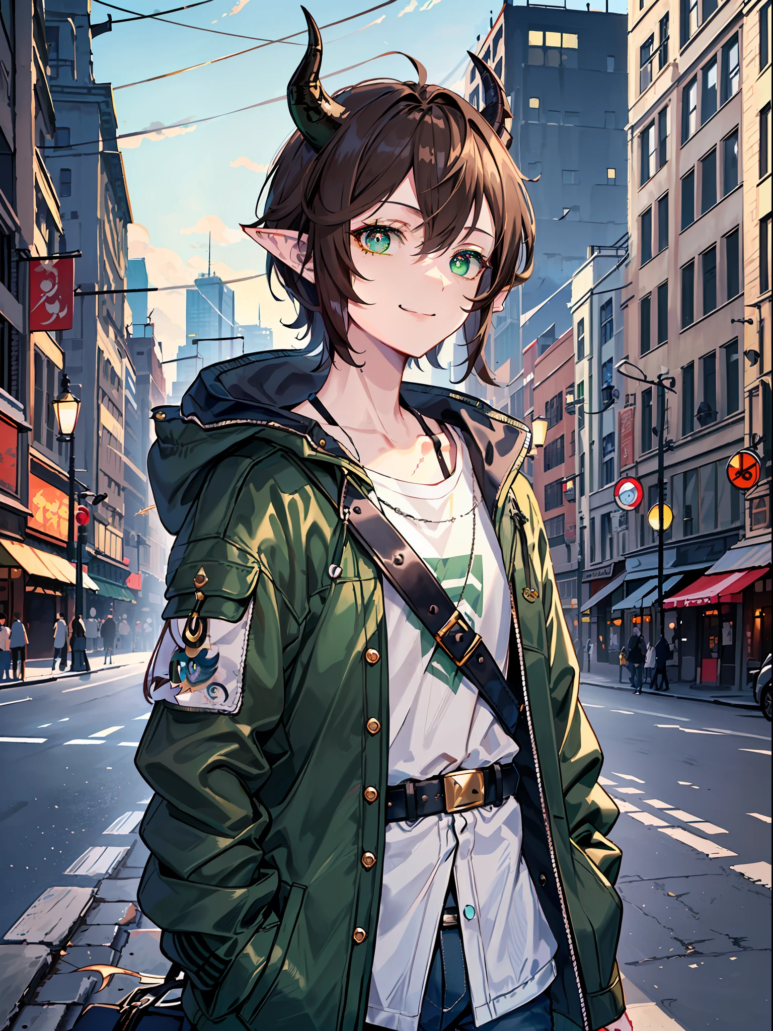 ((highest quality, masterpiece, 4k, finely detailed, detailed eyes, detailed face, intricate details, gelbooru, pixiv)), warm lighting, ((solo)), 1boy, skinny, lanky, pointy ears, ((shaggy, middle long, brown hair, a lot of loose strands, bangs falling into face, blue-green demon horns)), ((blue-green eye color, half-lidded neutral eye shape, sharp pupils)), dynamic pose, looking at viewer, smiling, (Shirt with baggy jacket and lots of straps over it. Ripped black skinny jeans, a lot of belt straps), (((scar on nose))), city background