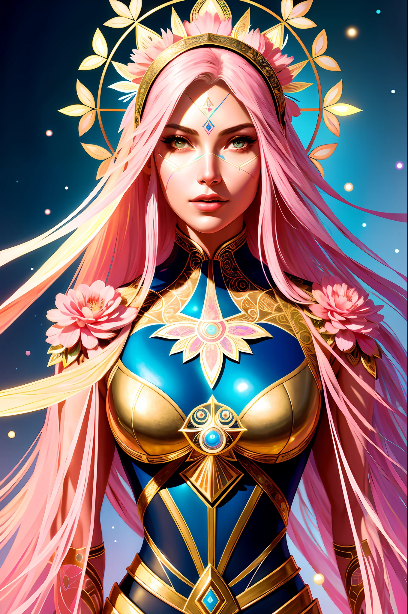 sks place (symmetry:1.1) (portrait of floral:1.05) a woman as a beautiful goddess, (assassins creed style:0.8), pink and gold and opal color scheme, beautiful intricate filegrid facepaint, intricate, elegant, highly detailed, digital painting, artstation, concept art, smooth, sharp focus, illustration, art by greg rutkowski and alphonse mucha, 8k
