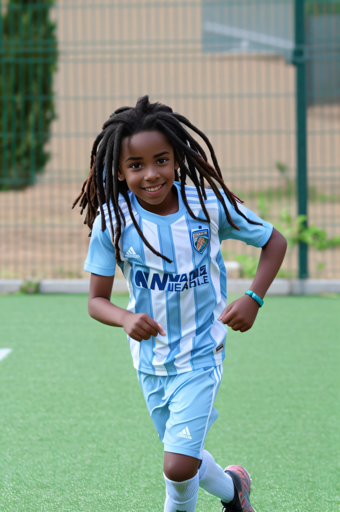 there is a young woman running on a football field with a soccer ball, alphonse muca, ad, stunning image, beautiful landscapes, retro 9 0 s, looking happy, wearing a school football uniform, motivational, album photo, special, incredibly cute, girl running, amanda clarke, emotion, stunning look, happy child, hannah yata, rasta boy --auto --s2