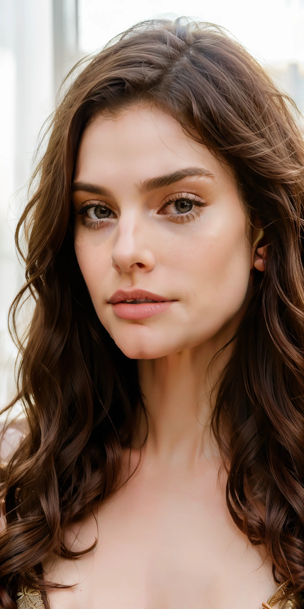 photo of a 25 years old european girl, RAW, beautiful woman, (extra long wavy brown hair), ((portrait)), ((detailed face:1.2)), ((detailed facial features)), (finely detailed skin), pale skin, high detailed deep cleavage bodycon hasmat suit , super deluxe bedroom hotel, (cold colors), damp, moist, reflections, (masterpiece) (perfect proportion), (realistic photo), (best quality) (detailed) photographed on a Canon EOS R5, 50mm lens, F/2.8, HDR, (8k) (wallpaper) (cinematic lighting) (dramatic lighting) (sharp focus) (intricate) fashion