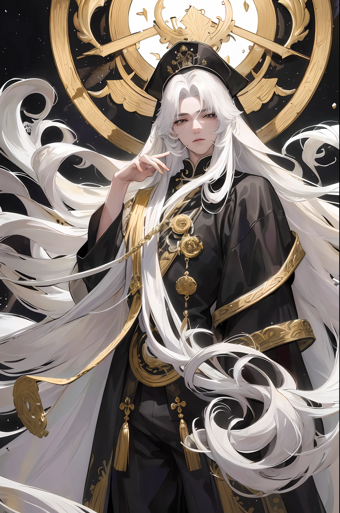 masterpiece, highest quality, universe, one man, china, white hair, black eyes, black eyes, split hair, long-haired, long-haired, long-haired, long-haired, long-haired, masculine, serious, gentle, tall, calm, white silk veil, gold pattern, dragon-patterned road, prince, universe, divine