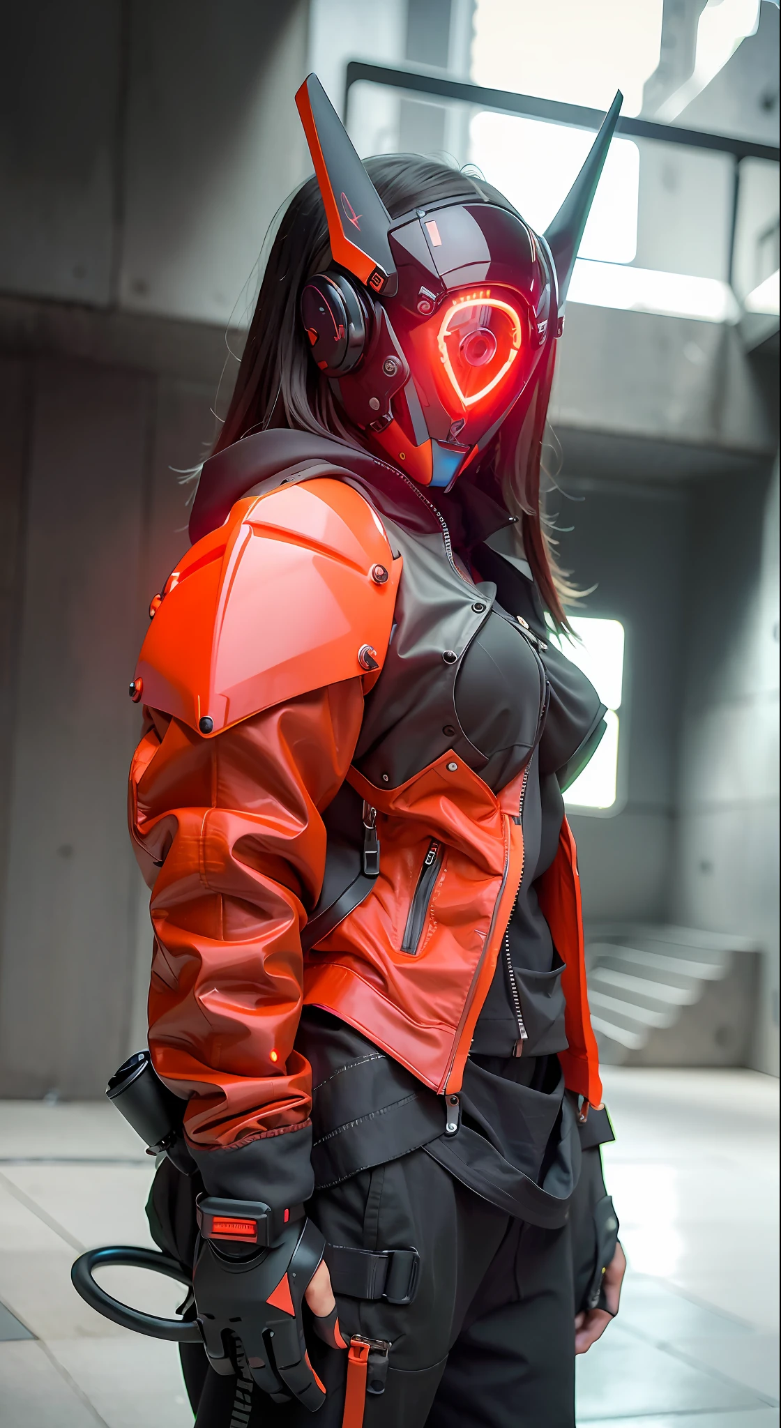 Masterpiece, best quality, a close-up of a futuristic-looking cyborg girl with a fantastic cyberhelmet head with red triangular LED lights and a halo, dressed in an orange Techwear jacket, full body white background