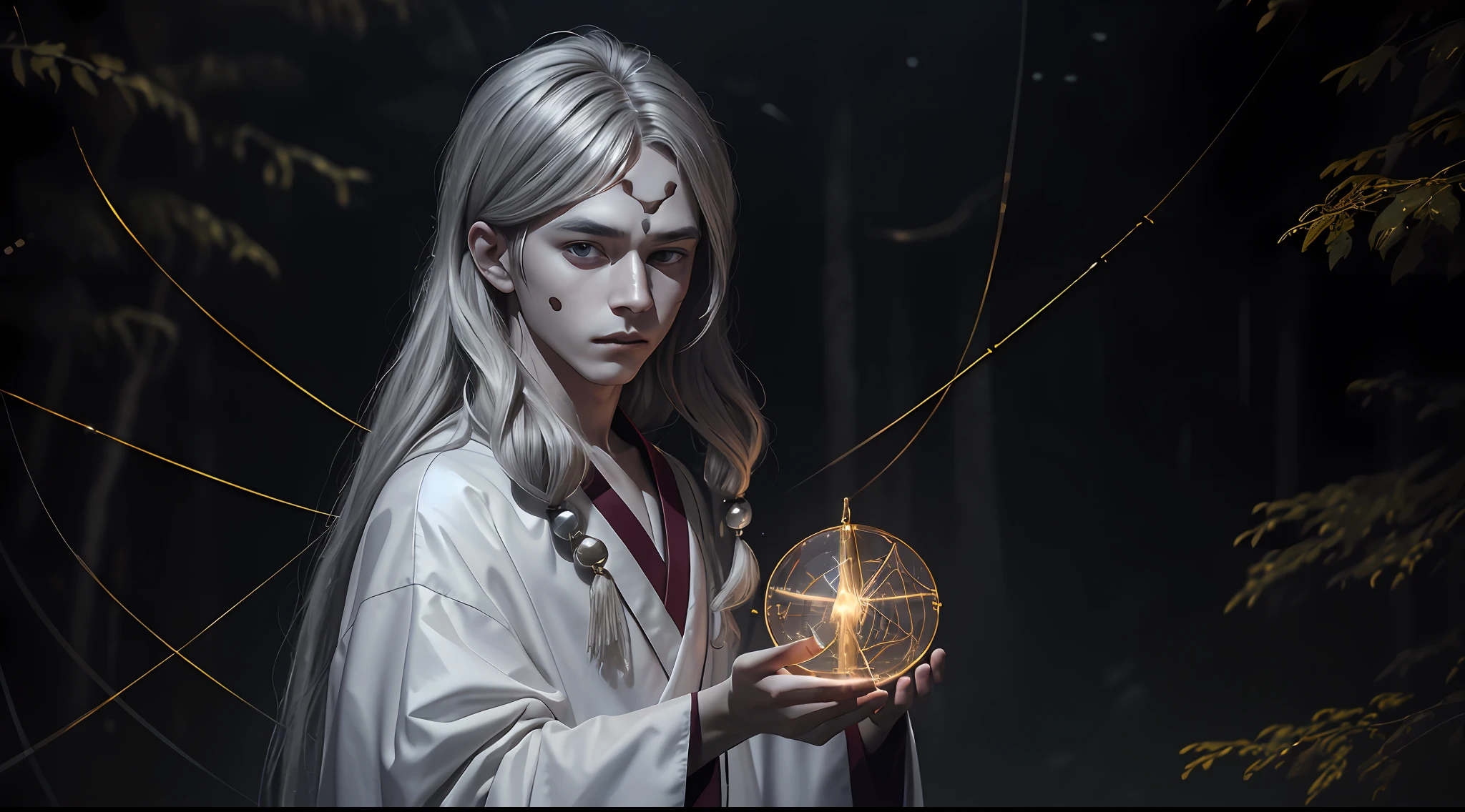 masterpiece, best quality, MTSpiderV4, ((1 young handsome boy)), HDR, very detailed eyes and face, goth, solo, white skin, long hair, beads, japanese clothes, white kimono, silk, stone, forest, northern lights, spider webs, (glowing metal objects hovering in the air and encircling him: 1.2), (arcs and sparks: 1.2), (energy flow: 1.2), (translucent magnetic field lines: 1.2), (gold and silver gray and flashing light effects: 1.2),