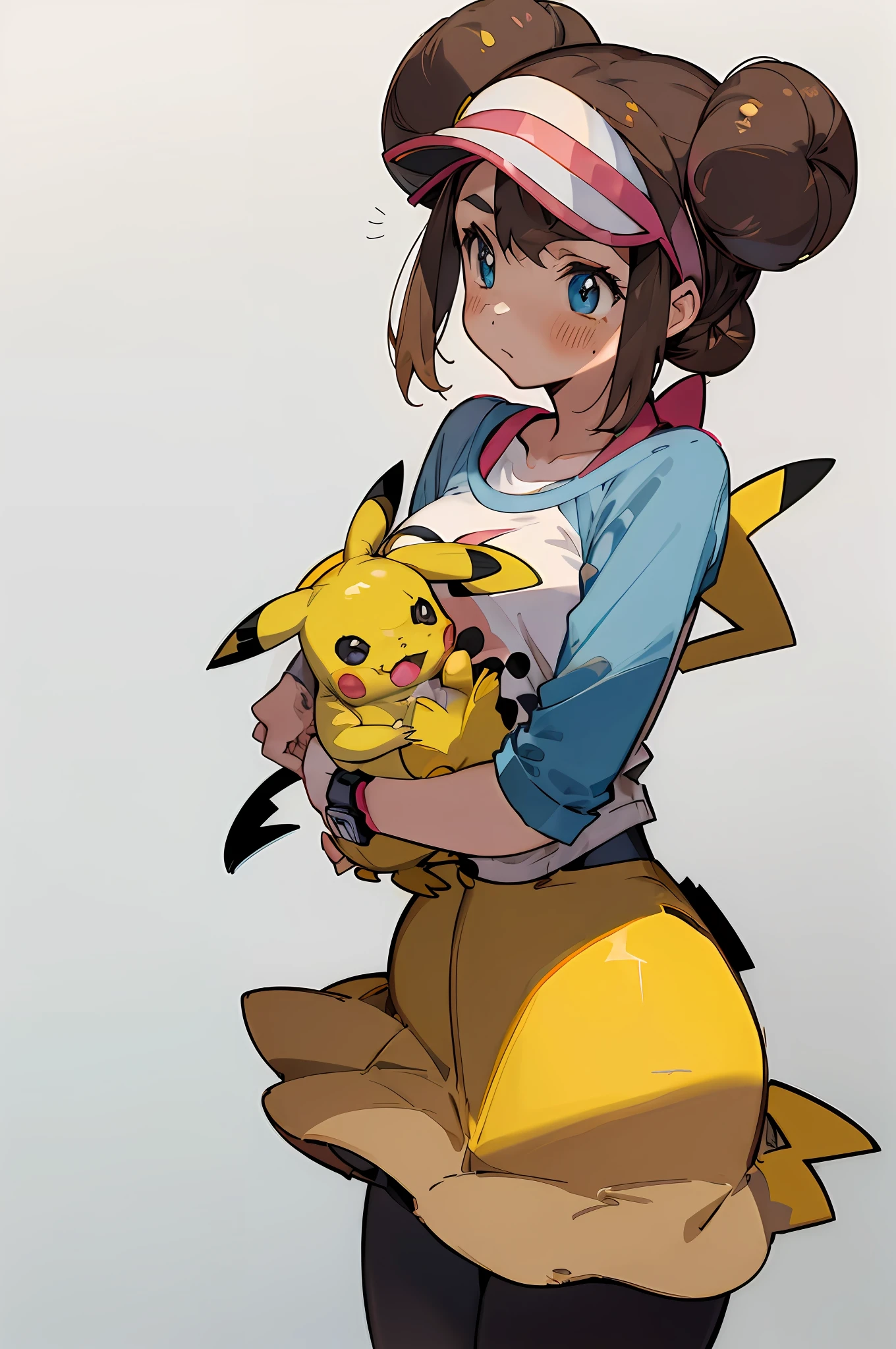 (pokemon),(( 1girl)) with (( 1Pikachu )), pantyhose, double bun, hair bun, visor cap, brown hair, blush, yellow skirt, pantyhose, black leggings, black stockings, poke ball print, yellow miniskirt, rosa(pokemon) clothes
