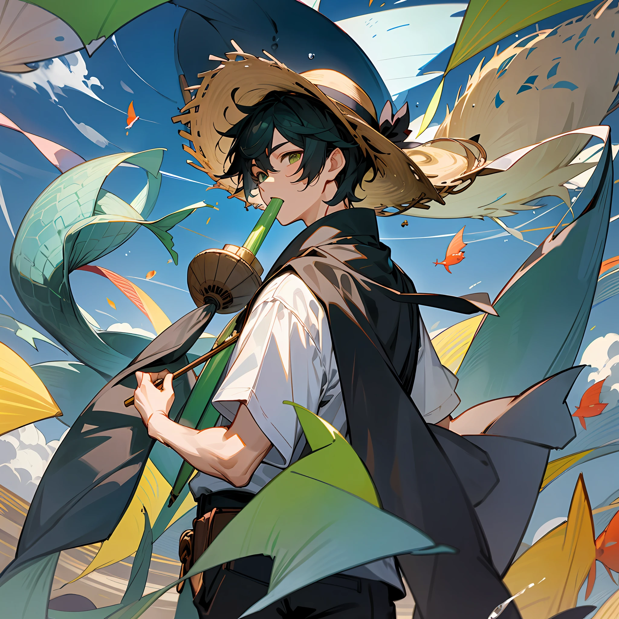 Black-haired male pupil, boy, short-sleeved shorts, wearing a long cape, a straw hat with two streamers and countless wind chimes, blowing a green flute on the back of a huge fish made of water, leading more fish behind him