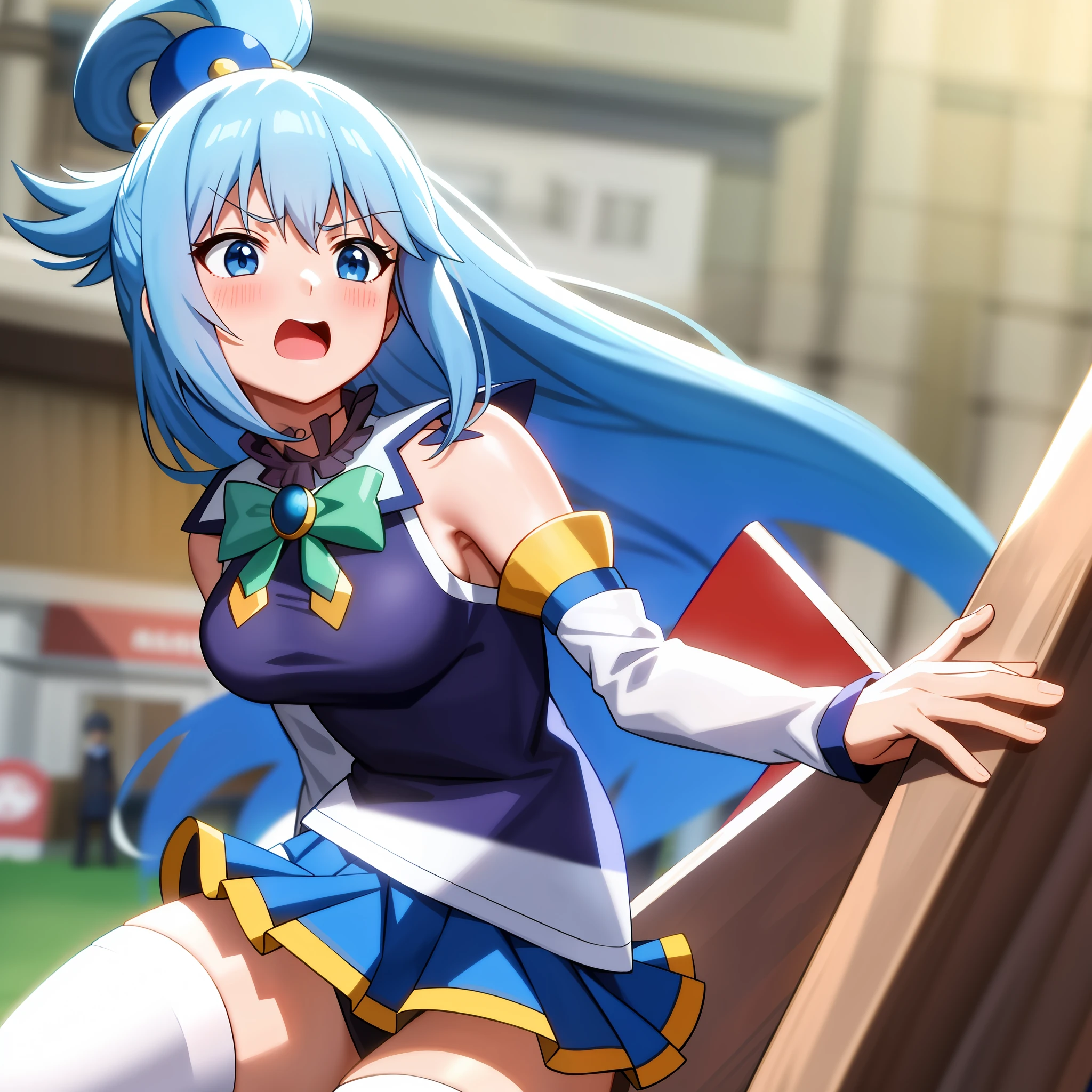 ,anime screencap,anime coloring,
1girl, long hair, solo, blue hair, blue eyes, open mouth, detached sleeves, outdoors, skirt, thighhighs, hair rings, sky, clenched hands, day, hair ornament, cloud, breasts, bow, blue sky, grass, blue skirt, green bow, bare shoulders. In a mall