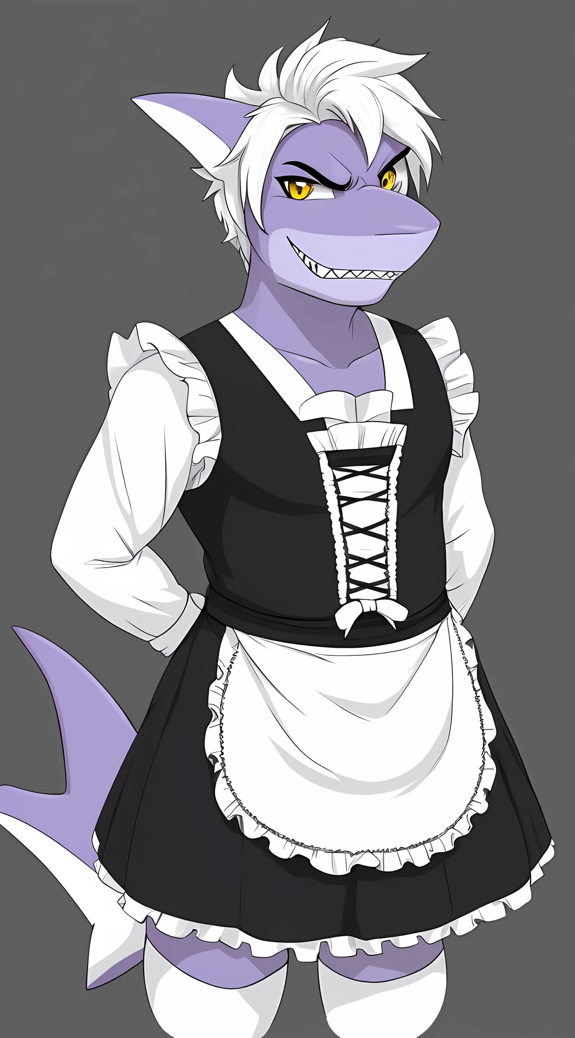 (Shark), anthro, (wearing maid clothing), high detail, high resolution, raw photo, gray background, solo, ((male body)), high quality, hi res, sharp body, detailed, detailed, cartoony, ((looking at the viewer)), angry, crazy, chubby, muffin top, full body, ((full body portrait)), far, (((full body concept))), white hair, purple blue skin, yellow eyes