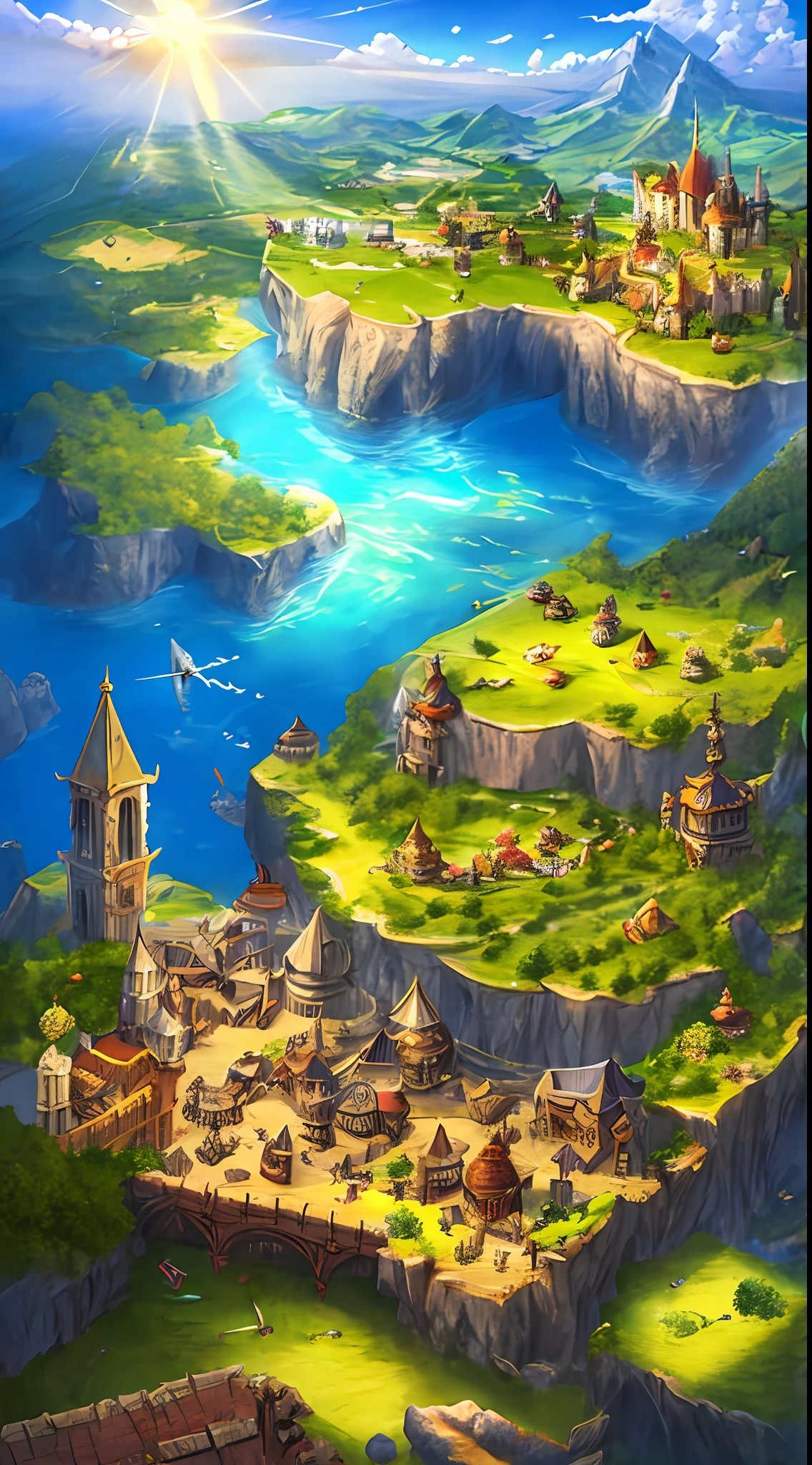 Medieval kingdom. sunny morning. 8k resolution. The ratio is 3:2. Very high drawing skills. Aerial View. Very stunning views. Amazing lighting effects. Thick medieval fantasy illustration. Very large area.