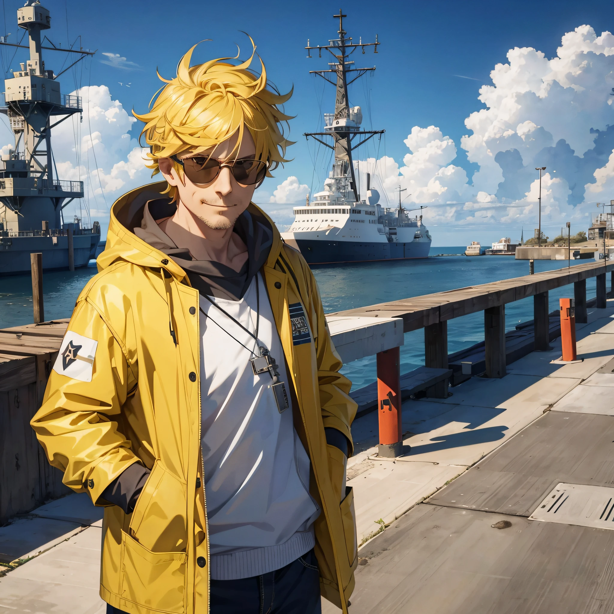 At the weapons testing ground on the open dock by the sea, scientists dressed as middle-aged men with yellow hair with a smug expression