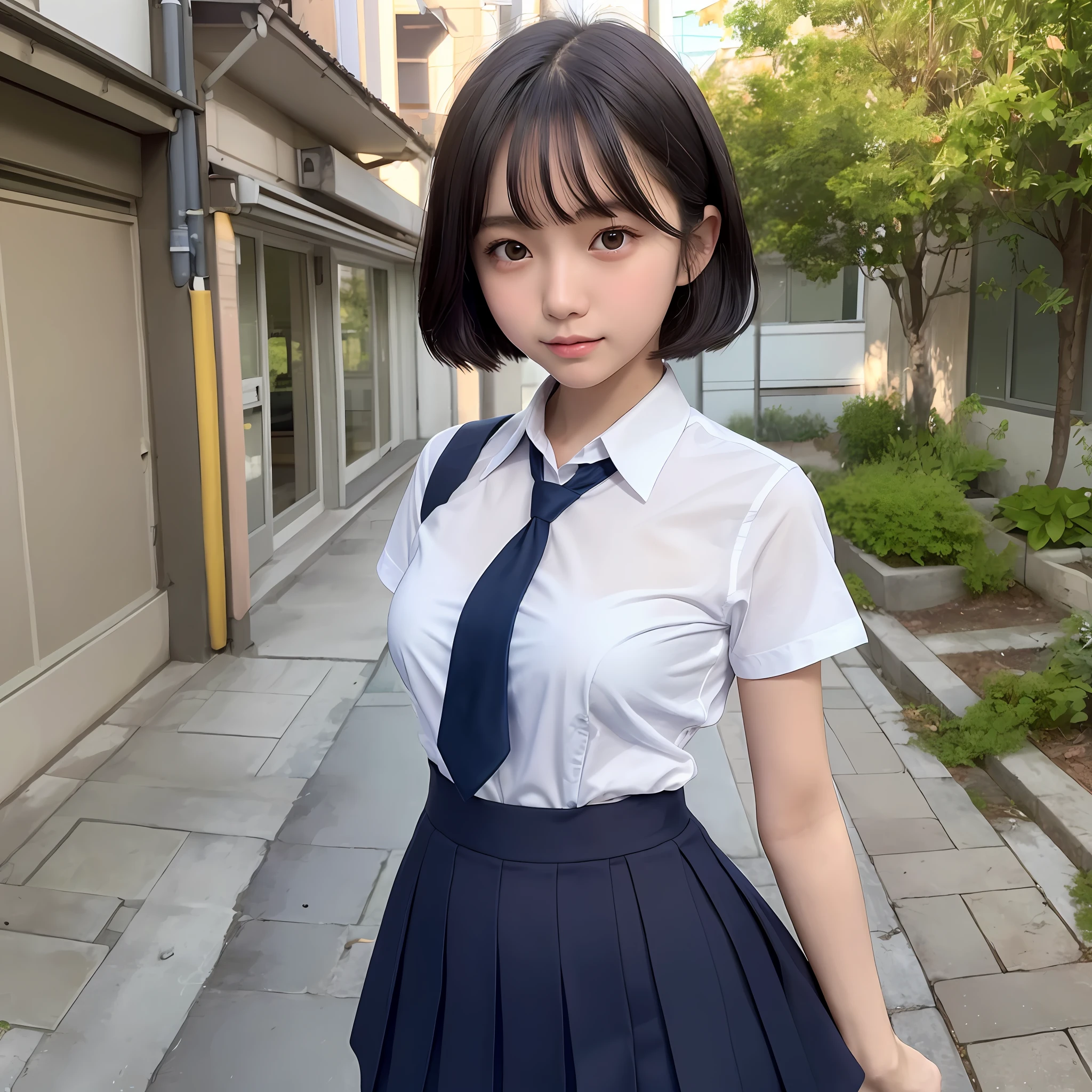 ((Masterpiece)), (Best Quality), (Details), (1girl), Teenage Young Japan Girl, Gravure Idol, Very Beautiful Skin, Shiny Skin, Just Right Size Breasts, Perfect Breasts, Perfect Figure, Just Right Thin Legs, Short Hair, Black Hair, Brown Glistening Eyes, Natural Clothes, Skin Transparency, Smile, School Uniform, Navy Blue Skirt, Light Blue Shirt, Navy Blue Tie, Urban