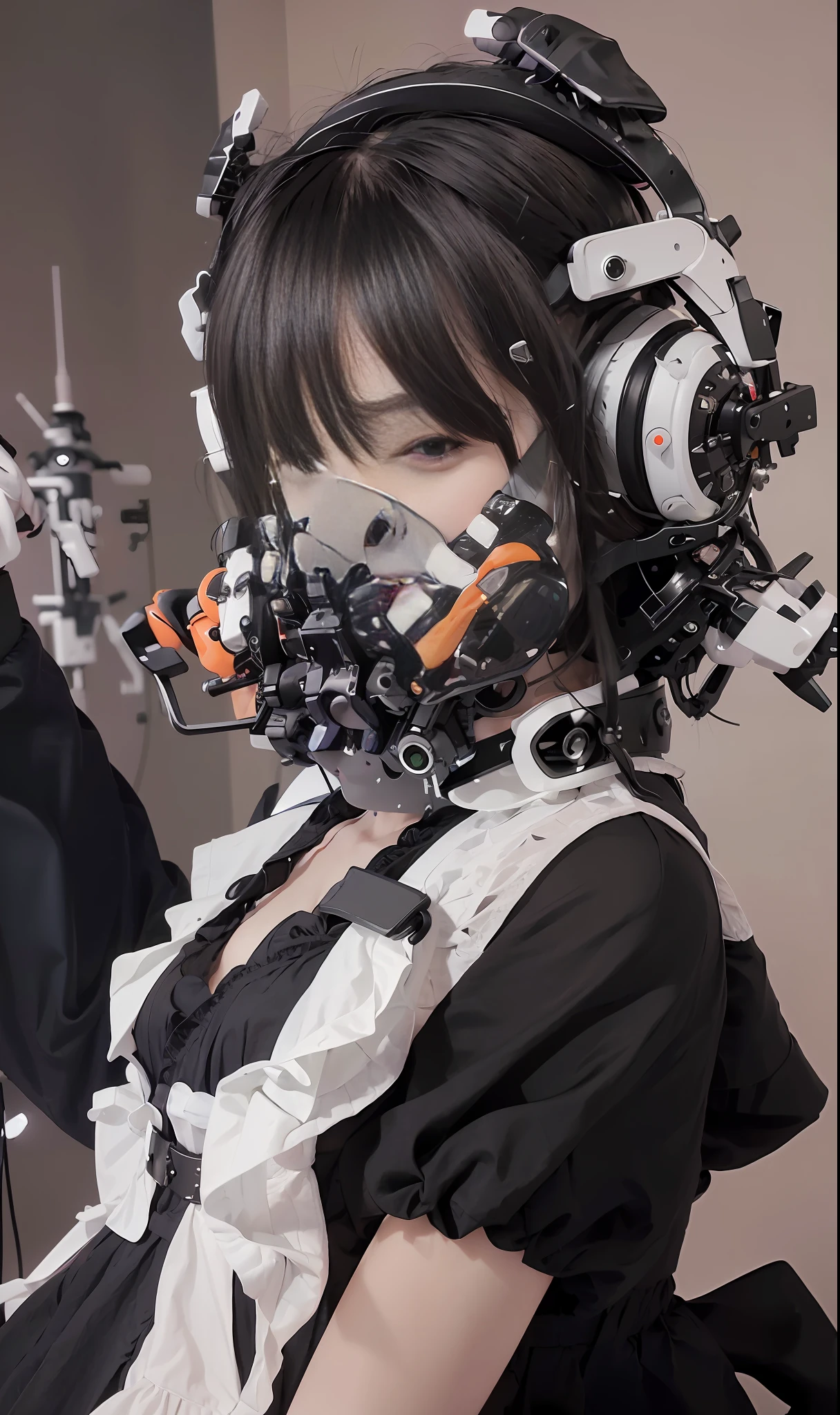 (masterpiece, side lighting), realistic, 1woman black dress, ((with a full white VR cover - techpunk mask with antenna designed)), (with jacket), (fluorescent orange hair), colorful smoke fills the surrounding area, in office, happy, pinks, full body