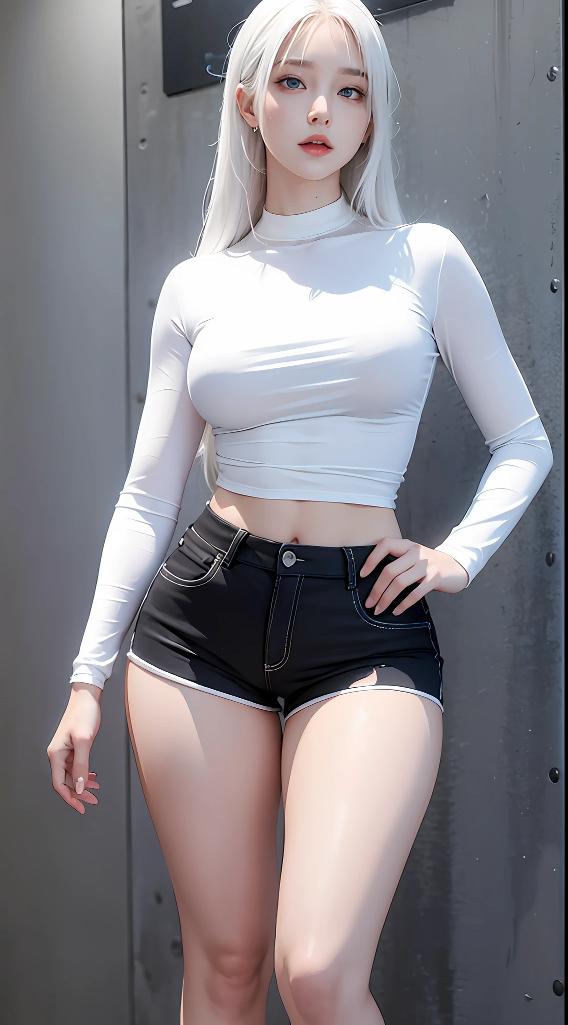 photorealistic, high resolution, 1 girl, white hair, korean, blue eyes, white shirt, skimpy tight black shorts, thick thighs
