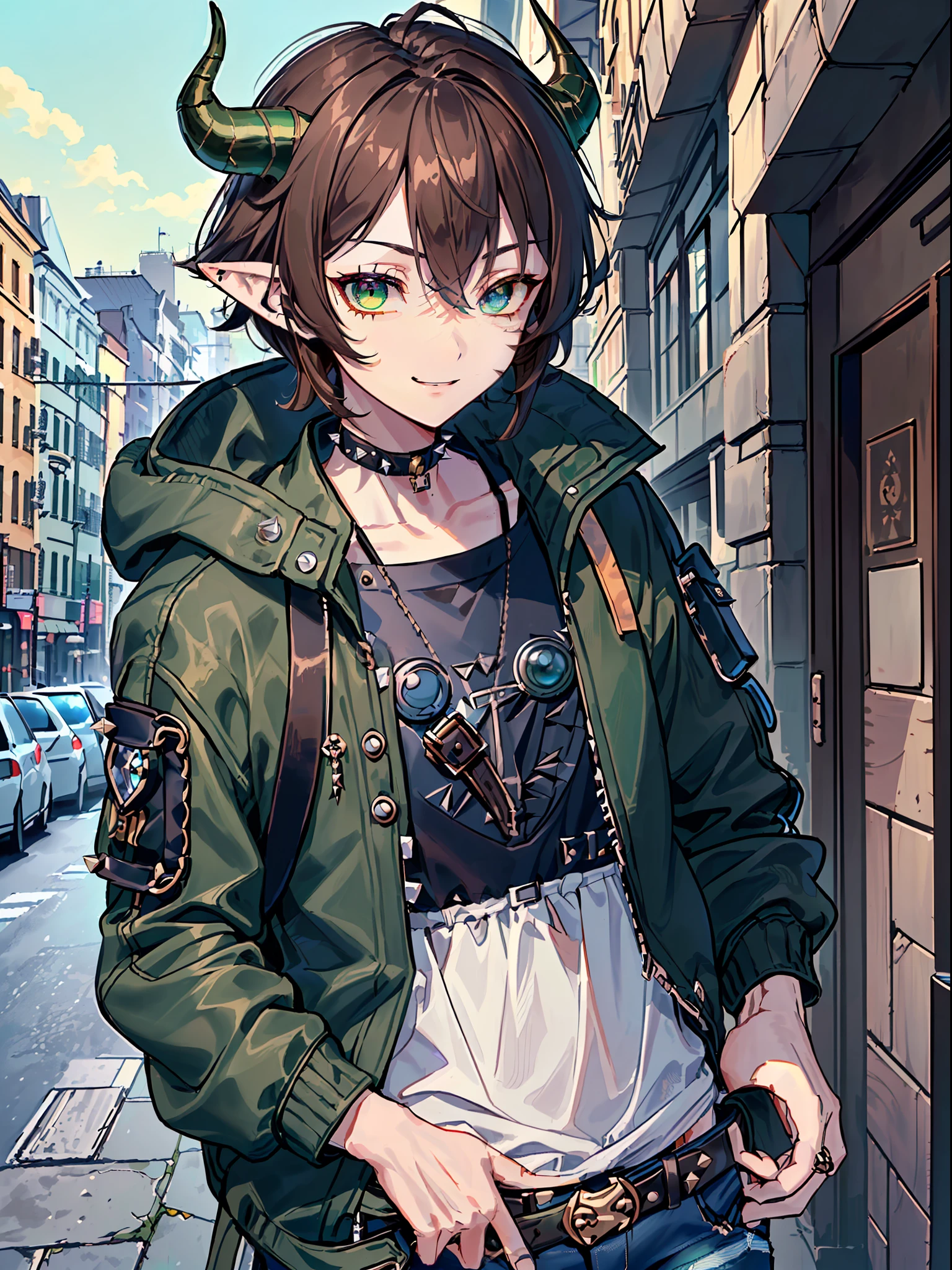((highest quality, masterpiece, 4k, finely detailed, detailed eyes, detailed face, intricate details, gelbooru, pixiv)), warm lighting, ((solo)), 1boy, skinny, lanky, pointy ears, ((shaggy, middle long brown hair, a lot of loose strands, bangs falling into face, blue-green demon horns)), ((blue-green eye color, half-lidded neutral eye shape, tired eyes)), dynamic pose with hands in jacket pockets, looking at viewer, smiling, (((Shirt with baggy jacket and lots of straps over it, black choker, ripped skinny jeans in a black color, a lot of belt straps with spikes))), (((scar on nose))), city background