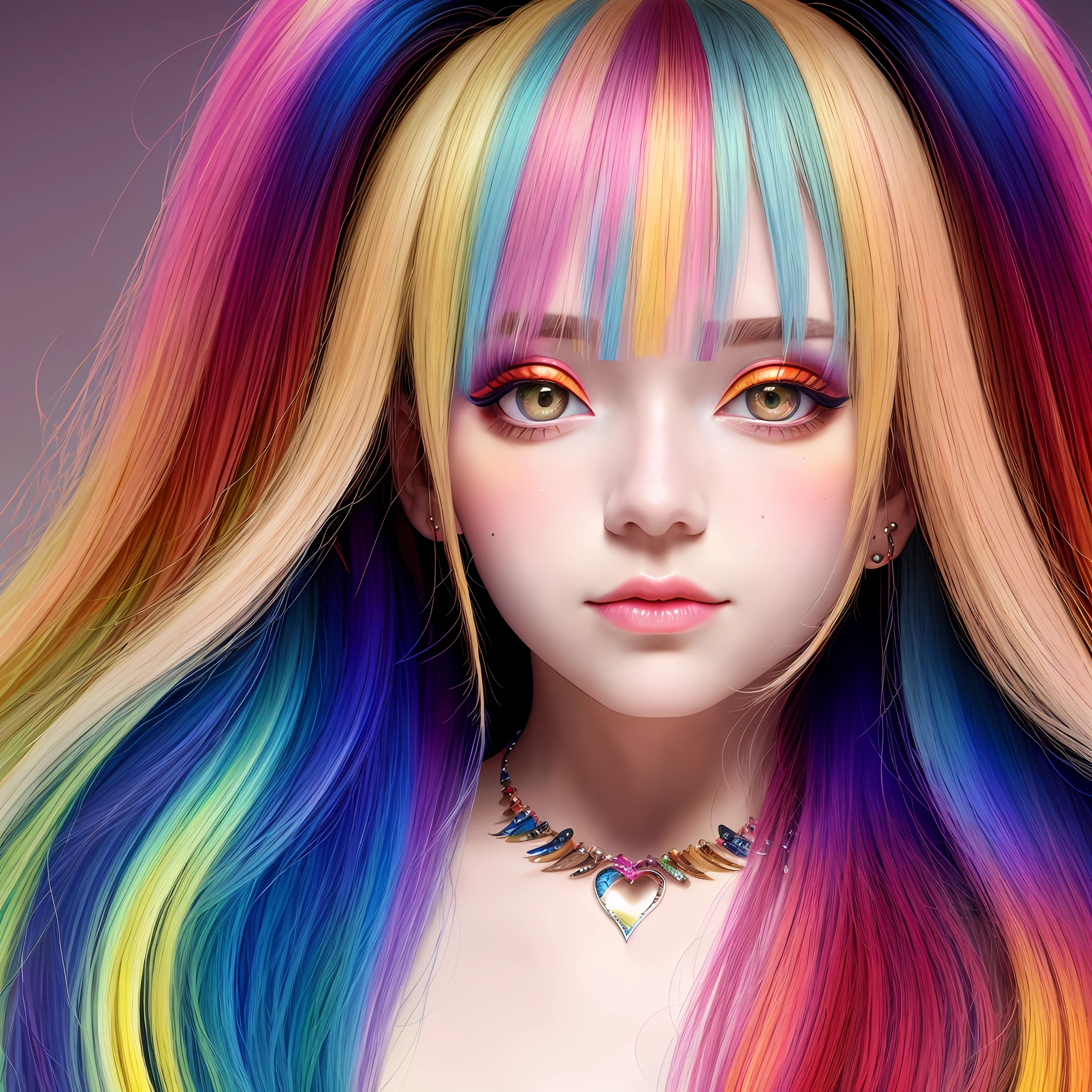 multicolored hair, hair bow, heart-shaped pupils, makeup, blonde hair, jewelry, gradient eyes, depth of field, Surrealism, glowing light, first-person view, masterpiece, textured skin, UHD