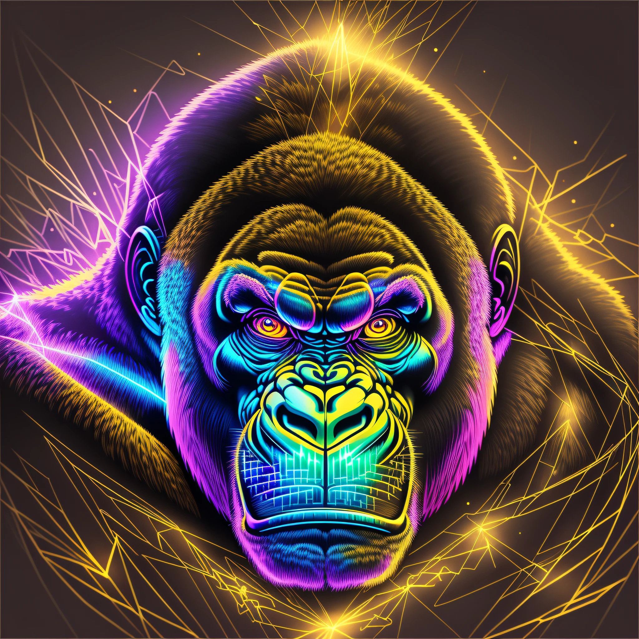 Colorful adult gorilla drawing on black background, ((Gorilla looking strong)) breathtaking rendering, in glowing connections, inspired by Kinuko Y. craft, magical elements, gorilla icon, wow, beautiful, multi casting colorful spells, bright flash, flash