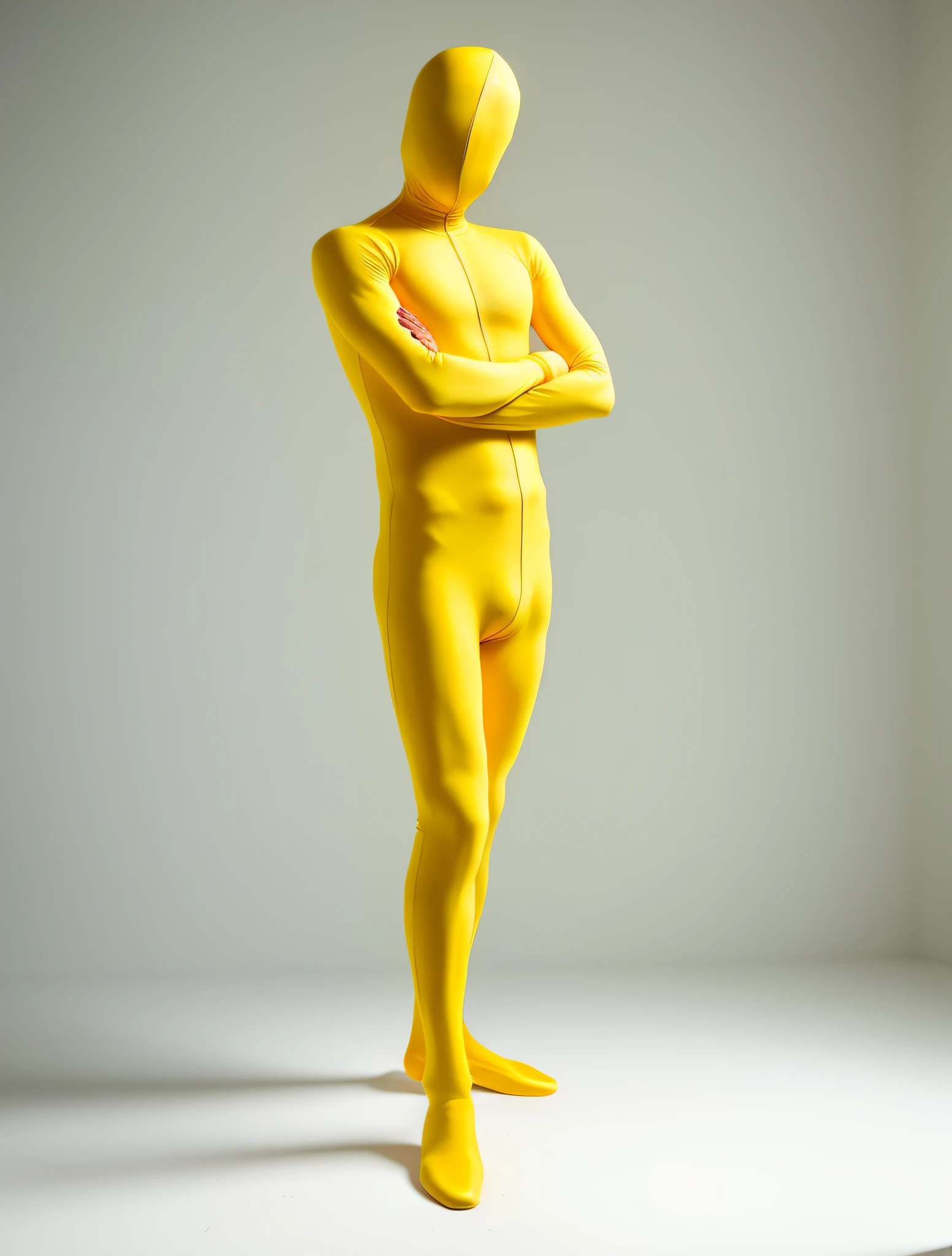 Man in yellow bodysuit isolated on white background, yellow body, zentai suit, full bodysuit, skin tight suit, lycra costume, tight full body suit, yellow skin, yellow jumpsuit, yellow bodysuit