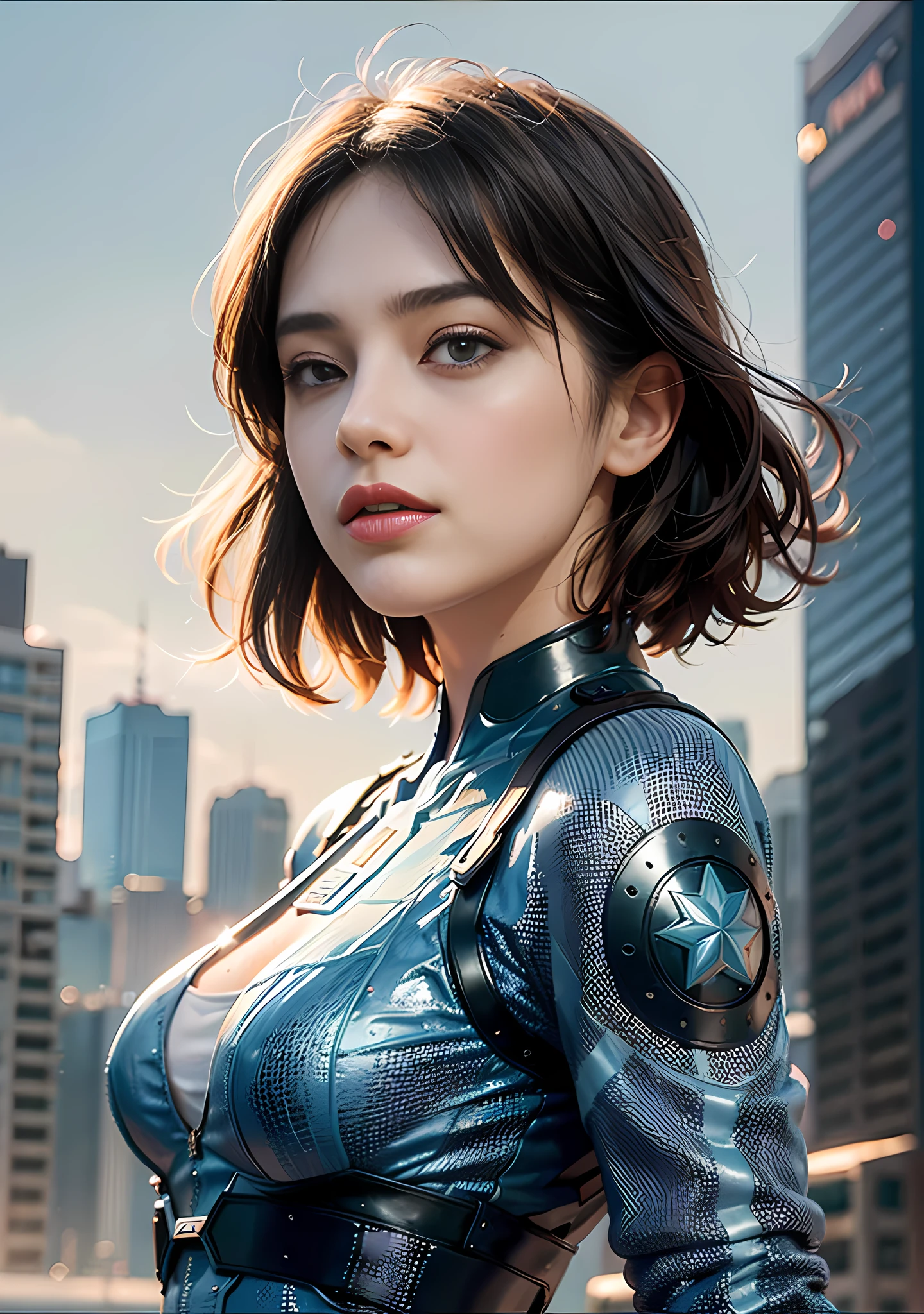 (1girl:1.3), solo, __body-parts__, official art, unified 8k wallpaper, super detailed, beautiful and aesthetic, beautiful, masterpiece, best quality, raw, masterpiece, super fine photo, best quality, super high resolution, photorealistic realism, sunlight, full-body portrait, amazing beauty, dynamic pose, delicate face, vibrant eyes, (from the front), she wears a futuristic Captain America jersey, blue color scheme, (holding a shield), A capital A on chest, very detailed abandoned warehouse background, detailed face, detailed complex busy background, messy, gorgeous, milky white, highly detailed skin, realistic skin details, visible pores, sharp focus, volumetric fog, 8k uhd, DSLR camera, high quality, film grain, fair skin, photo realism, lomography, huge metropolis in future dystopia, seen from below, translucent