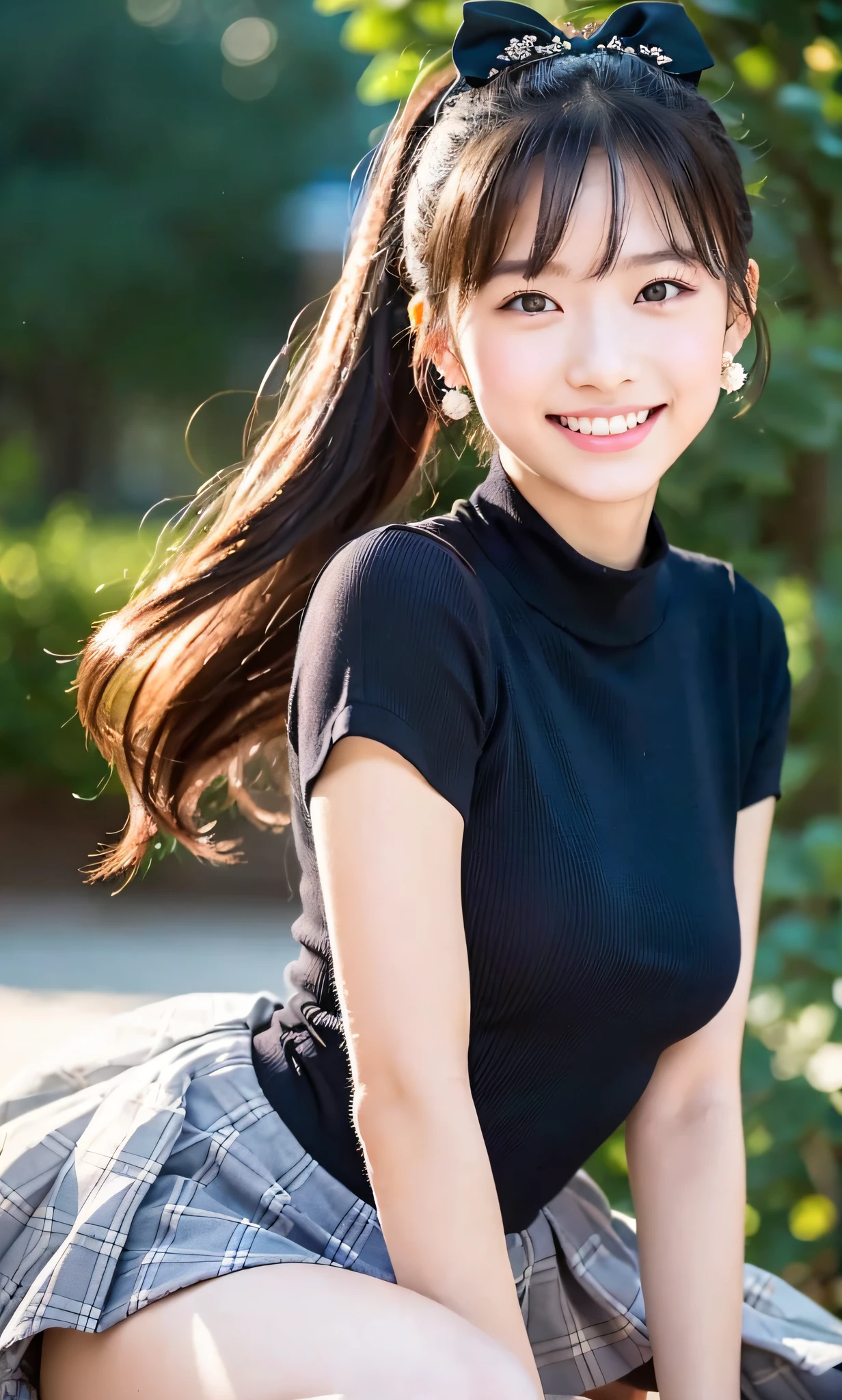 (8k, RAW photos, best quality, High resolution: 1.1), (surreal: 1.4), (realistic, realistic: 1.3), soft light, japanese girl, age 26,realistic face, black hair, realistic body, realistic skin, ridiculous, masterpiece, hand on her chest, model, (cute: 1.8), cute, solo, (: 1.2), detailed black eyes, innocent eyes, blush, (dress conservatively: 1.2), movie lights, film grains, jewelry, earrings, ((princess hairstyle: 1.1)), ((floating hair nova frog style)), loose turtleneck top, school uniform top, sailor uniform, school uniform shorts, cherry lips, headband, hair bow, large bow on chest, ponytail, viewer, open lips, upper teeth, lower abdomen, (smiling eyes: 0.6), (grinning: 1.2)), depth of field, blurred background, eye focus, bokeh, young, 85mm lens, f/1.4, professional lighting, young, photon mapping, radiosity, physically based rendering,