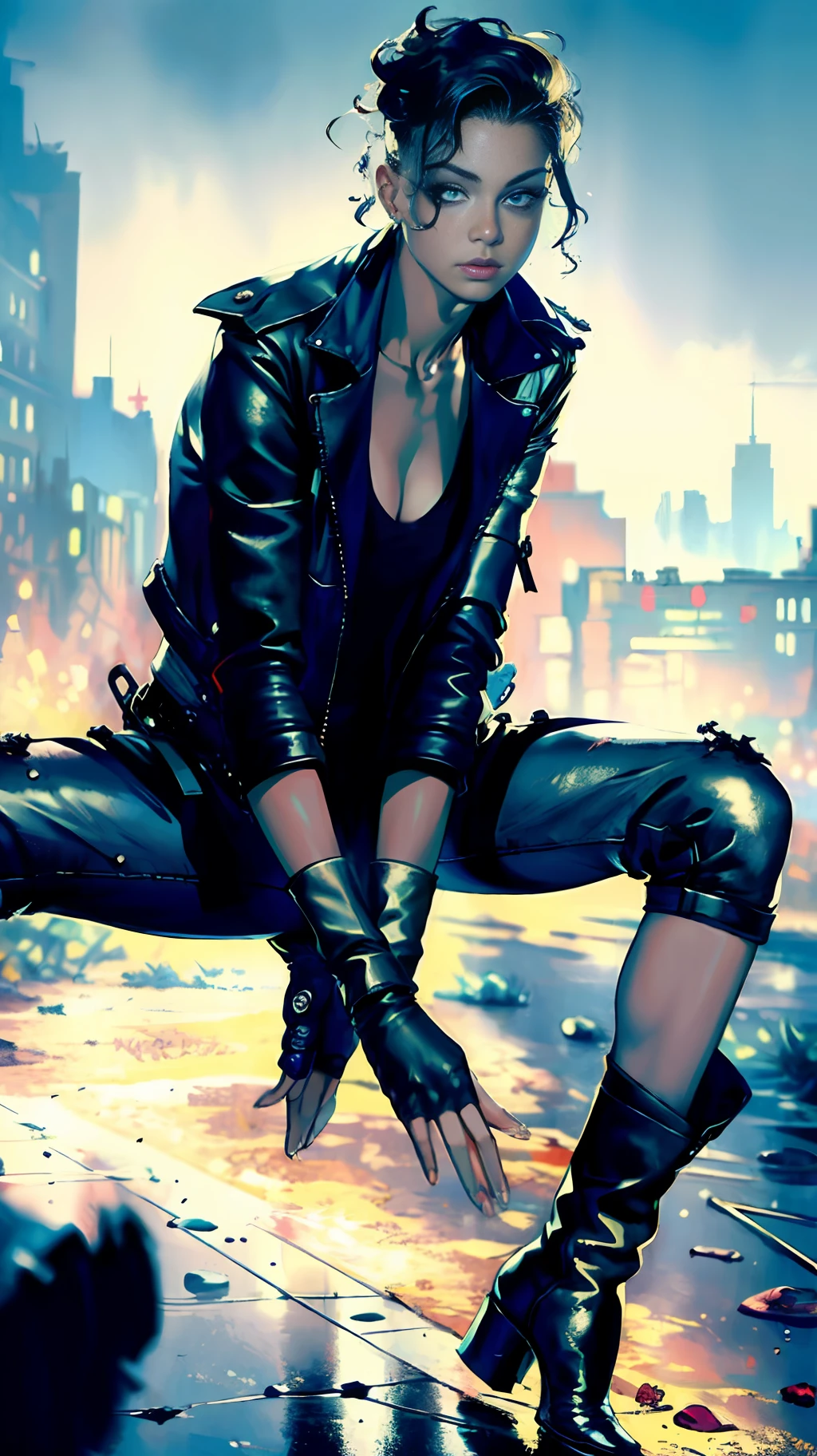 "(masterpiece:1.5), (realistic:1.5), solo, 1 woman, she is Ella Balinska as a super huntress in an apocalyptic zombie world, zombiepunk, leather jacket, fingerless gloves, perfect hands, strong:1,3, boots, expansive landscape, devastated city, dark theme:1,2