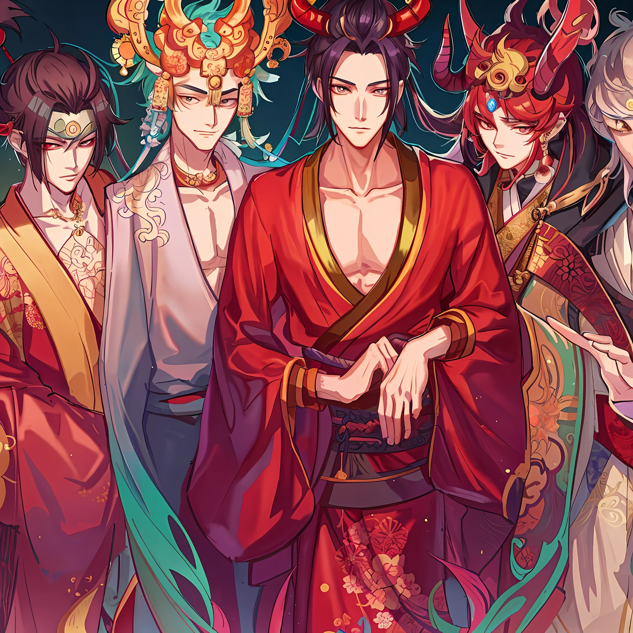 Envision male anime characters dressed in traditional japanese costumes and masks, handsome japanese demon boy, onmyoji detailed art, handsome guy in demon slayer art, sengoku - era art style, onmyoji, official fanart, chinese mythology, anime in fantasy style, by Yang J, manhwa, alphonse mucha and rossdraws, anime fantasy illustration, zerochan art, pixiv as; a serene village filled with individuals who boast hair in a variety of striking and vivid colors. Their attire marries the fluid elegance of loose Chinese robes, decorated with intricate designs, and the ornate beauty of Hindu jewelry. Each piece of their outfit is a testament to their vibrant, richly blended culture. handsome, good-looking, sexy, muscular, elegant, bare chest,