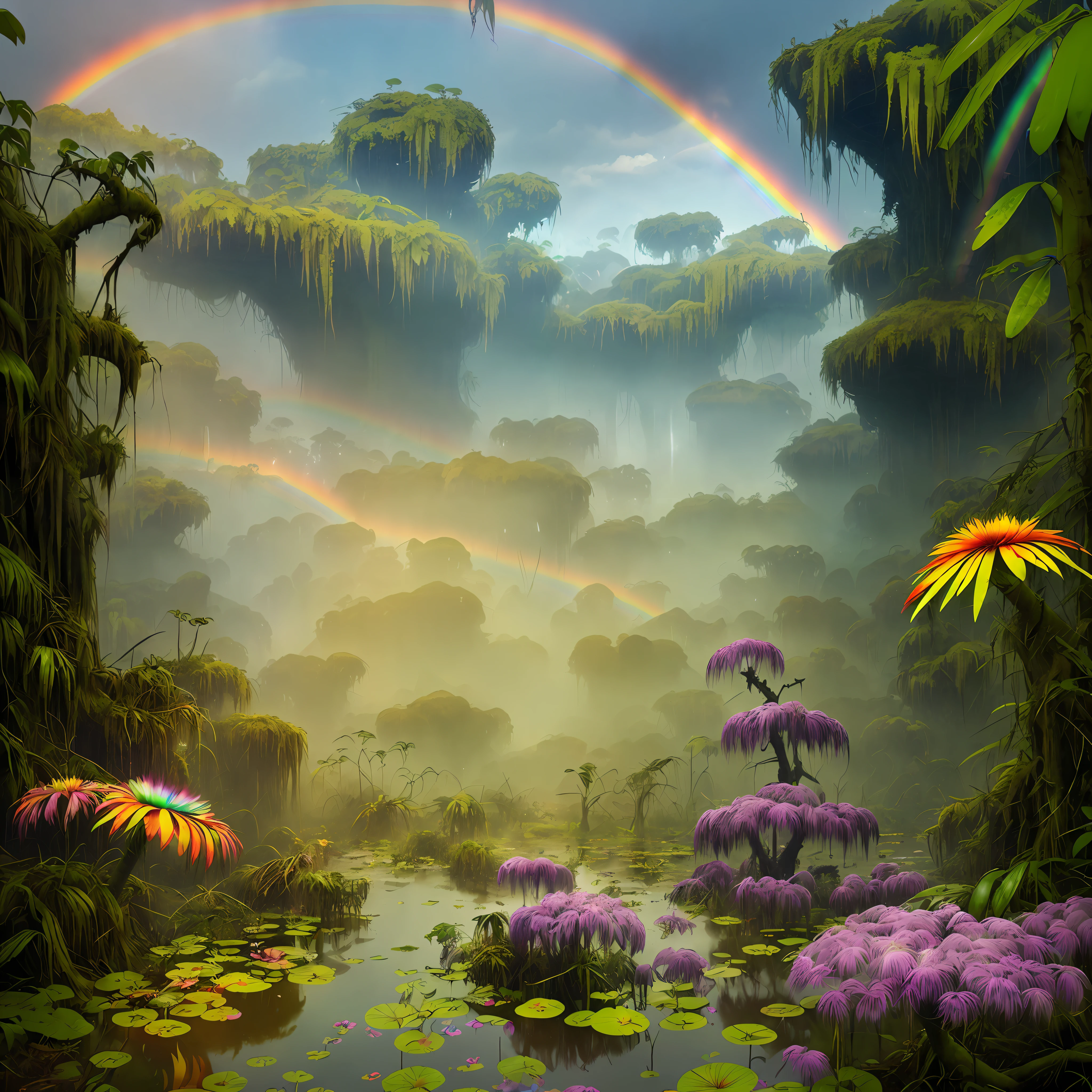 stalenhag, (dense alien jungle swamp:1.3), (many strange unusual rainbow flowers:1.3), sci-fi, hdr, 8k, 4k, octane renderer, huge detailed, artstation