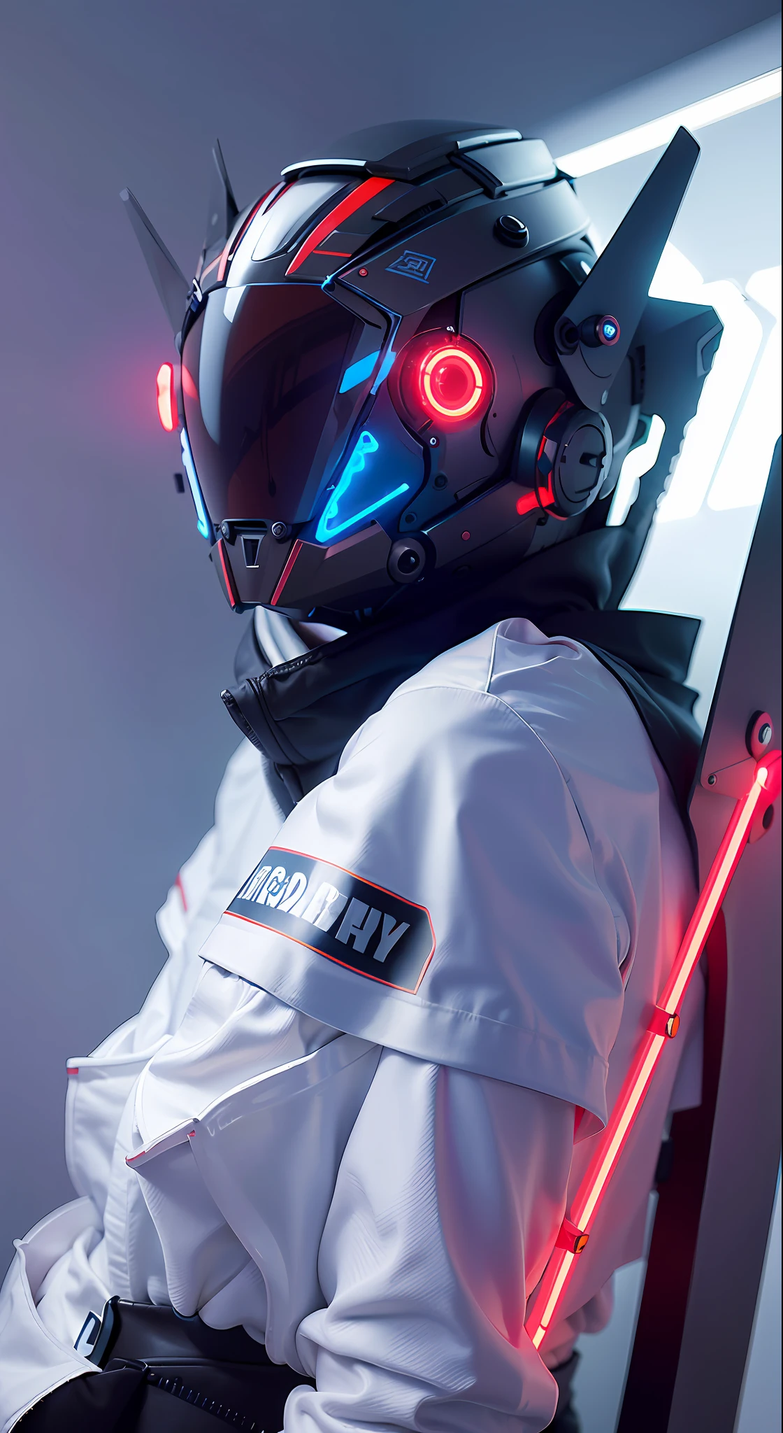 Masterpiece, best quality, a close-up of a futuristic-looking cyborg girl with a fantastic cyberhelmet head with red triangular LED lights and a halo, dressed in a blue Techwear jacket, full body white background