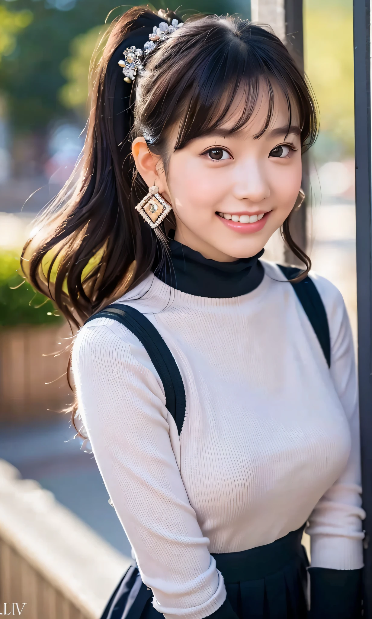 (8k, RAW photos, best quality, High resolution: 1.1), (surreal: 1.4), (realistic, realistic: 1.3), soft light, japanese girl, age 26,realistic face, black hair, realistic body, realistic skin, ridiculous, masterpiece, hand on her chest, model, (cute: 1.8), cute, solo, (: 1.2), detailed black eyes, innocent eyes, blush, (dress conservatively: 1.2), movie lights, film grains, jewelry, earrings, ((princess hairstyle: 1.1)), ((floating hair nova frog style)), loose turtleneck top, school uniform top, sailor uniform, school uniform shorts, cherry lips, headband, hair bow, large bow on chest, ponytail, viewer, open lips, upper teeth, lower abdomen, (smiling eyes: 0.6), (grinning: 1.2)), depth of field, blurred background, eye focus, bokeh, young, 85mm lens, f/1.4, professional lighting, young, photon mapping, radiosity, physically based rendering,