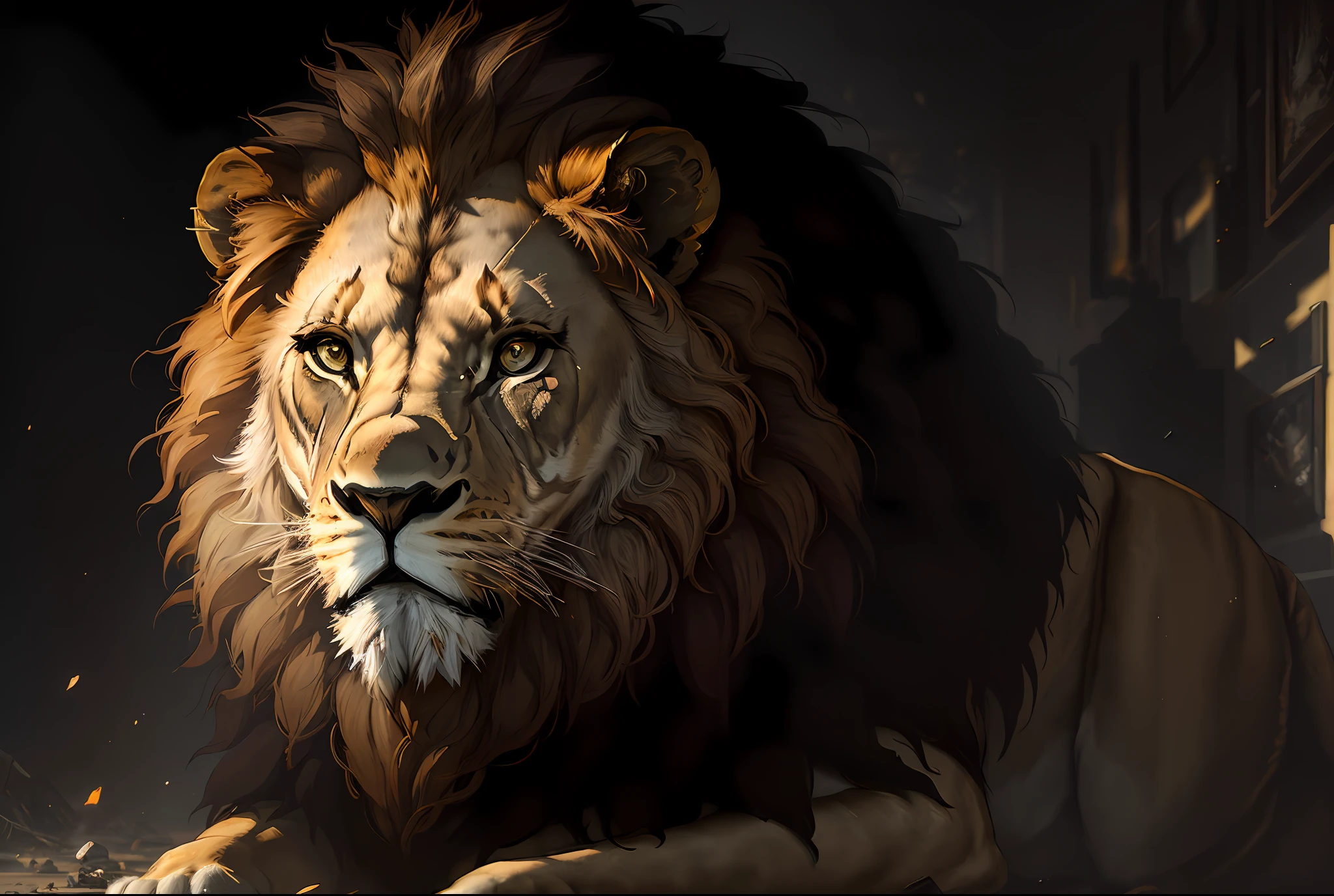 masterpiece, best quality, ((well detailed lion)), (extremely detailed 8k CG unit wallpaper), professional majestic oil painting by Ed Blinkey, Atey Ghailan, Studio Ghibli, by Jeremy Mann, Greg Manchess, Antonio Moro, trend in ArtStation, trends in CGSociety, Intricate, High Detail, Sharp Focus, dramatic and photorealistic painting art by midjourney and greg rutkowski