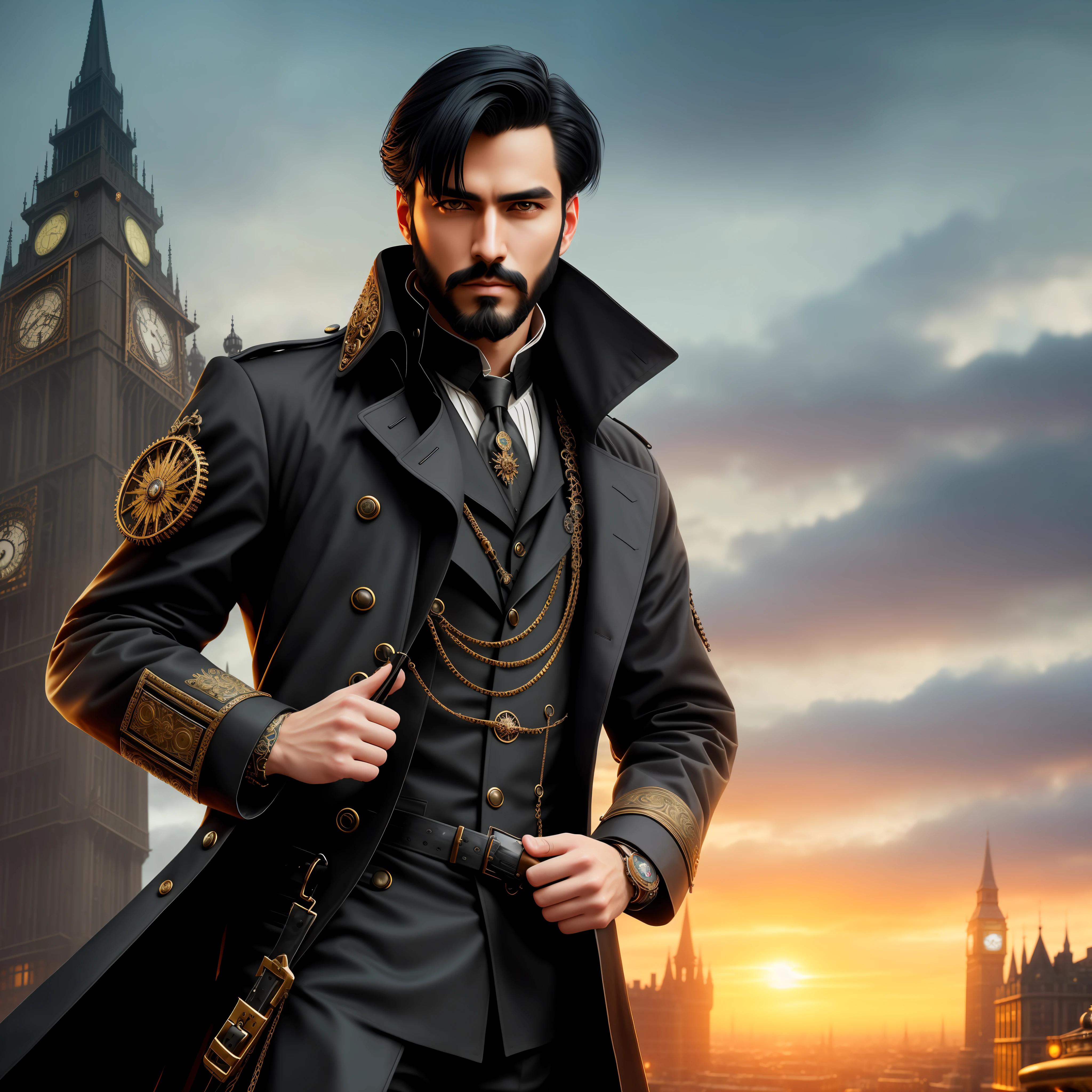 Handsome man with medium black hair and black beard in a black trench coat with intricate details in the steampunk world in dynamic pose, empty hands
steampunk medieval london background , [Asian:Scandinavian:28]
hyper-detailed, cinematic,
Photorealistic, volumetric light and intricate shadow, highly detailed, smooth, sharp focus, super detailed