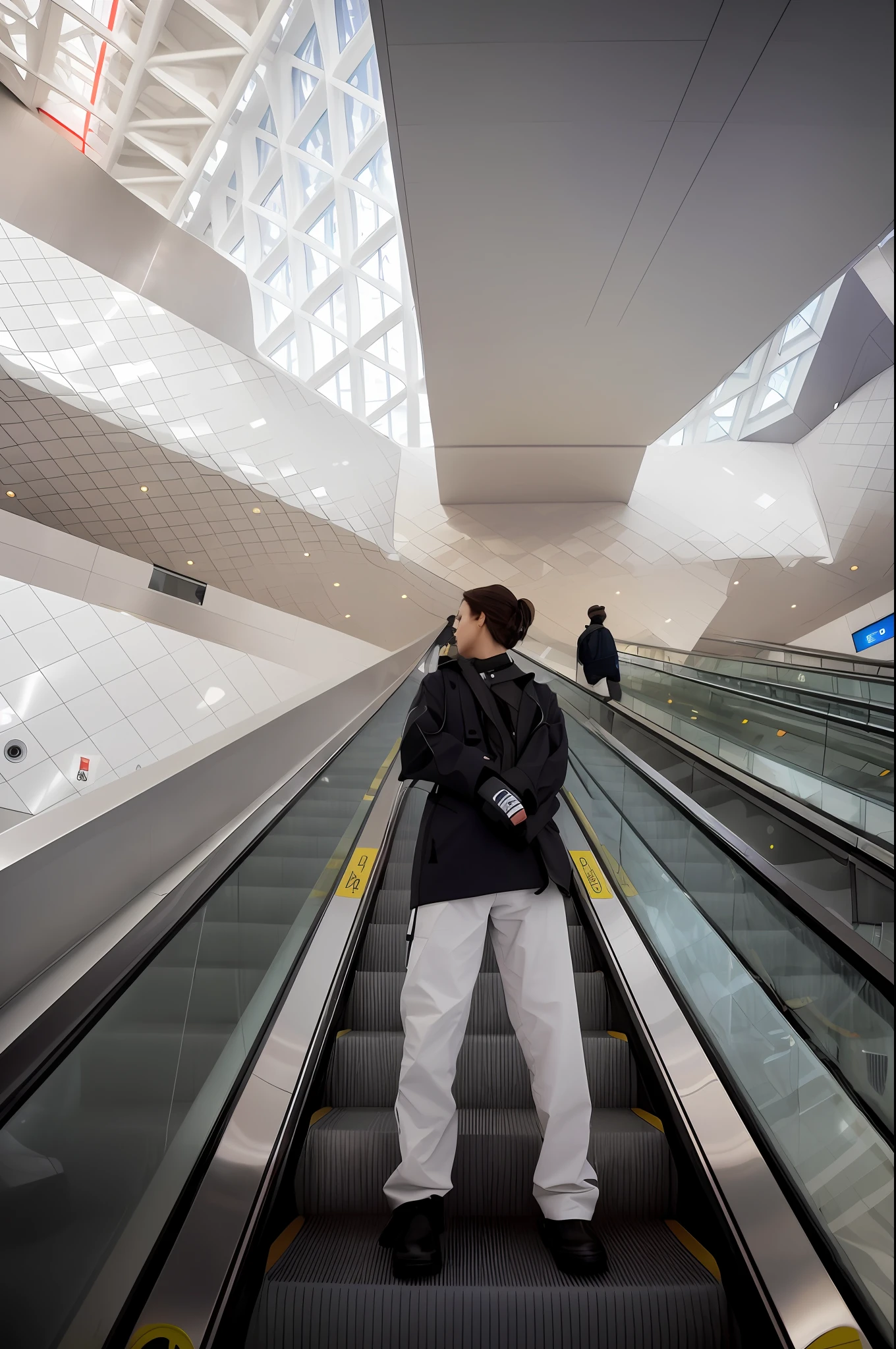 there is a man on an escalator that is going down the stairs, escalators, on a futuristic shopping mall, in style of zaha hadid architect, architectural photography, zaha hadid style architecture, architecture photography, mirror's edge in russia, futuristic cyber subway station, in style of zaha hadid, zaha hadid architecture, daniel libeskind, the photo shows a large --auto --s2