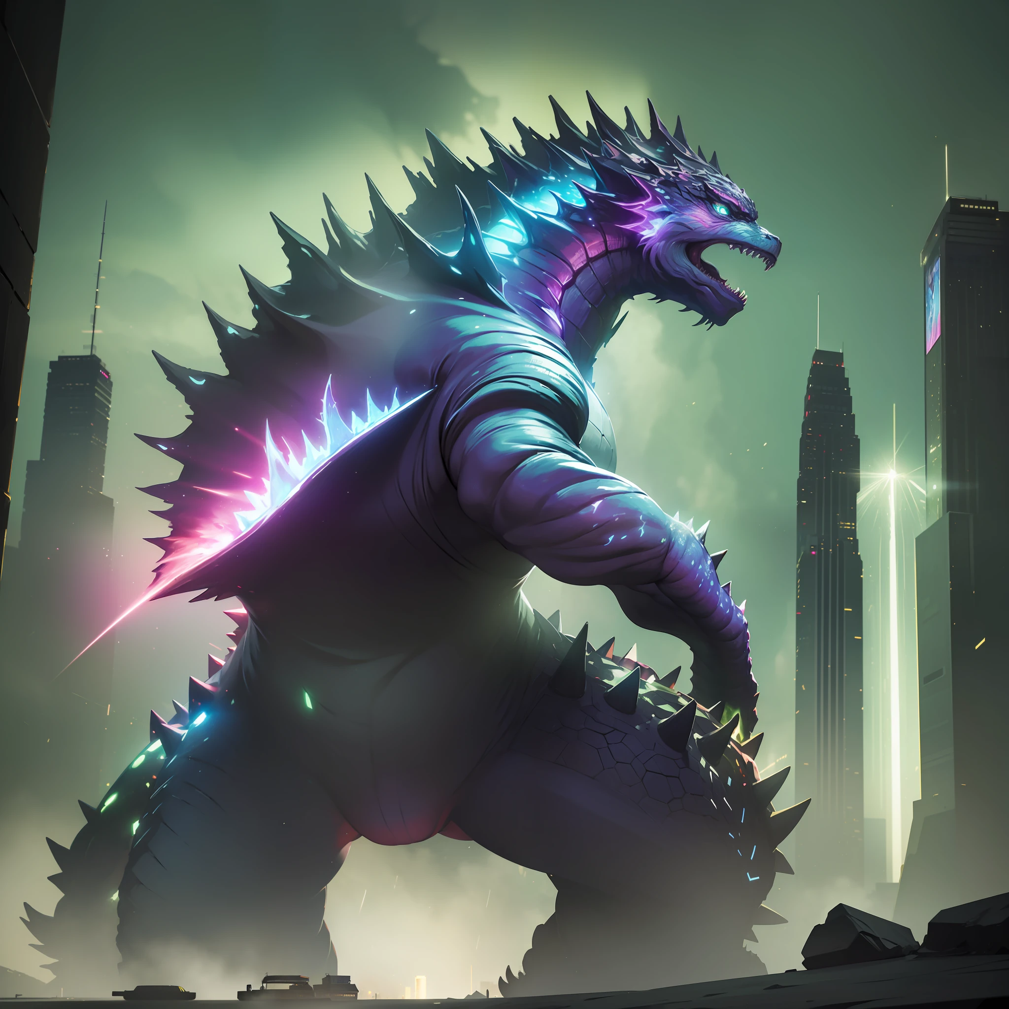 (extremely detailed conceptual art),(super glow: 1.2),Godzilla, (texture details: 1.3),(vibrant lighting: 1.2)