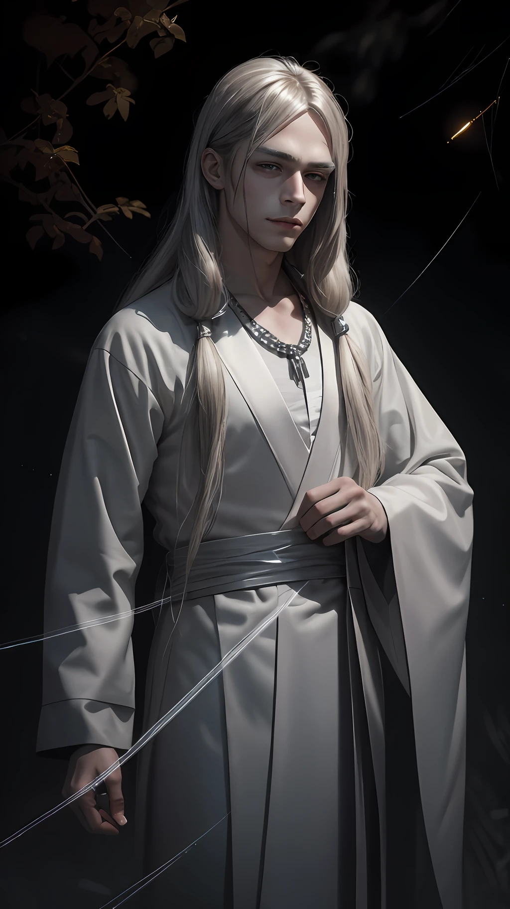 masterpiece, best quality, MTSpiderV4, ((1 young handsome boy)), HDR, very detailed eyes and face, goth, solo, white skin, long hair, beads, japanese clothes, white kimono, silk, stone, forest, northern lights, spider webs, (glowing metal objects hovering in the air and encircling him: 1.2), (arcs and sparks: 1.2), (energy flow: 1.2), (translucent magnetic field lines: 1.2), (gold and silver gray and flashing light effects: 1.2),