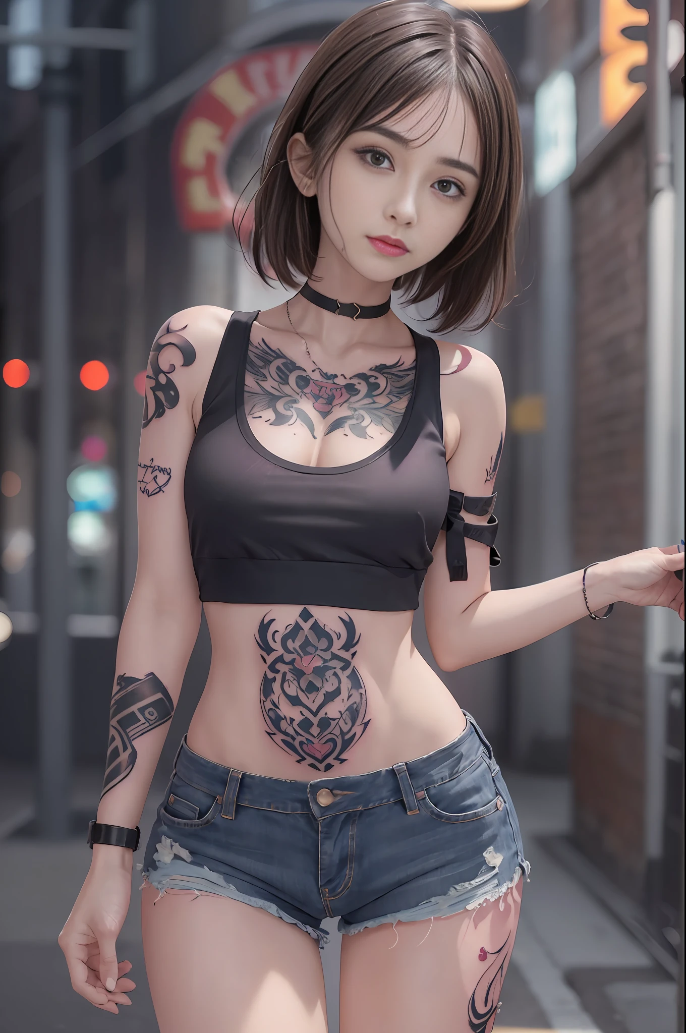 ((medium breast, tomboy girls, small head)),  (chiseled abs : 1.1), (perfect body : 1.1), (short wavy hair : 1.2) , auburn hair, collar, chain, full body shot, crowded street, wearing black tanktop, jeans jacket, (torn clothes:1.3)((shorts)), (extremely detailed CG 8k wallpaper), (an extremely delicate and beautiful), (masterpiece), (best quality:1.0), (ultra highres:1.0),  beautiful lighting ,perfect lightning, realistic shadows, [highres], detailed skin, ultra-detailed (((colorful))),(tattoo all:1.5),