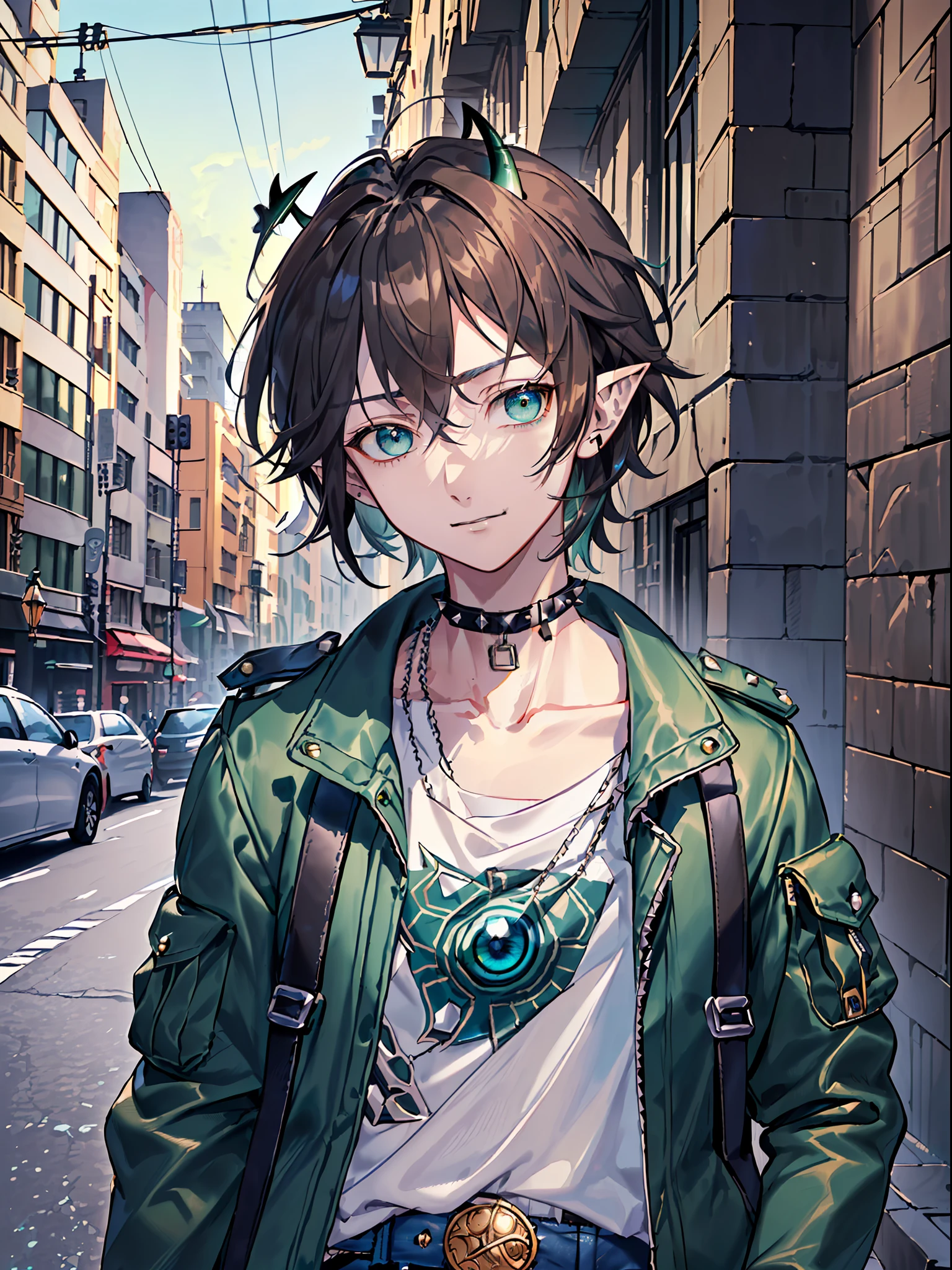 ((highest quality, masterpiece, 4k, finely detailed, detailed eyes, detailed face, intricate details, gelbooru, pixiv)), warm lighting, ((solo)), 1boy, male, masculine, skinny, lanky, pointy ears, ((shaggy, middle long brown hair, a lot of loose strands, bangs falling into face, blue-green demon horns)), ((blue-green eye color, half-lidded neutral eye shape, tired eyes)), dynamic pose with hands in jacket pockets, looking at viewer, smiling, (((Shirt with baggy jacket and lots of straps over it, black choker, ripped skinny jeans in a black color, a lot of belt straps with spikes))), (((scar on nose))), city background