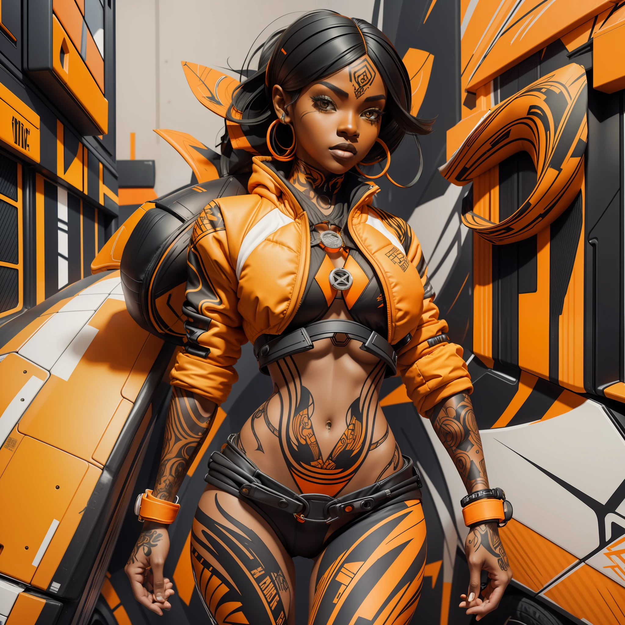 Textures: 1.5, orange: 1.1, white: 1.3, yellow: 1.3, (black woman), sexy, tattoos, (power puffer clothes: 1.2), 3d graffitti, abstract, lines, background circles