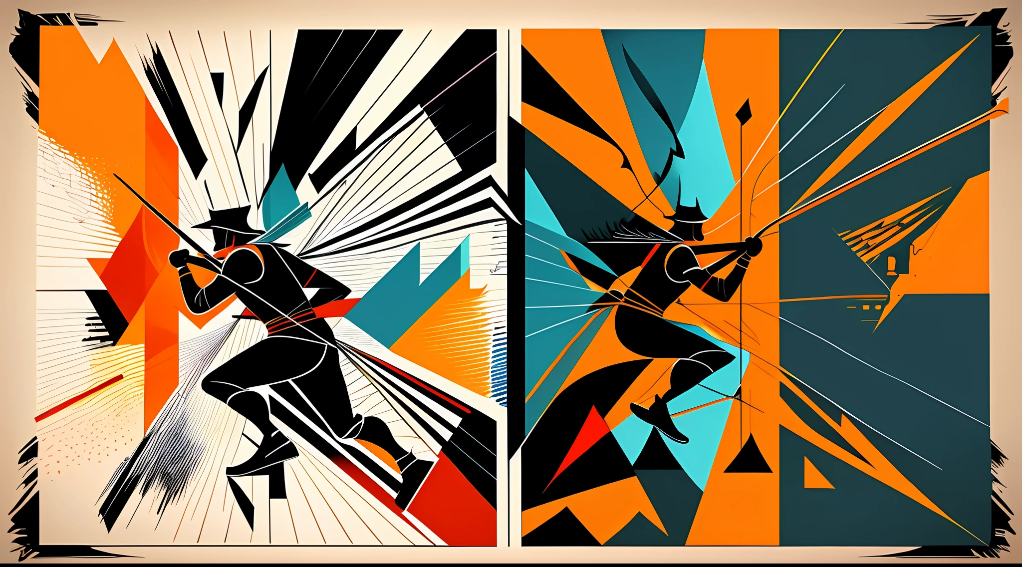 sketch a abstract flat color vector designed poster of A detailed graffiti street art of logo for a sport cloth company, using basic shapes, representation of an archer and his relationship with the target his bow and his arrow, Containing a maximum of four colors, like old movie poster,HD, 64k --auto --s2