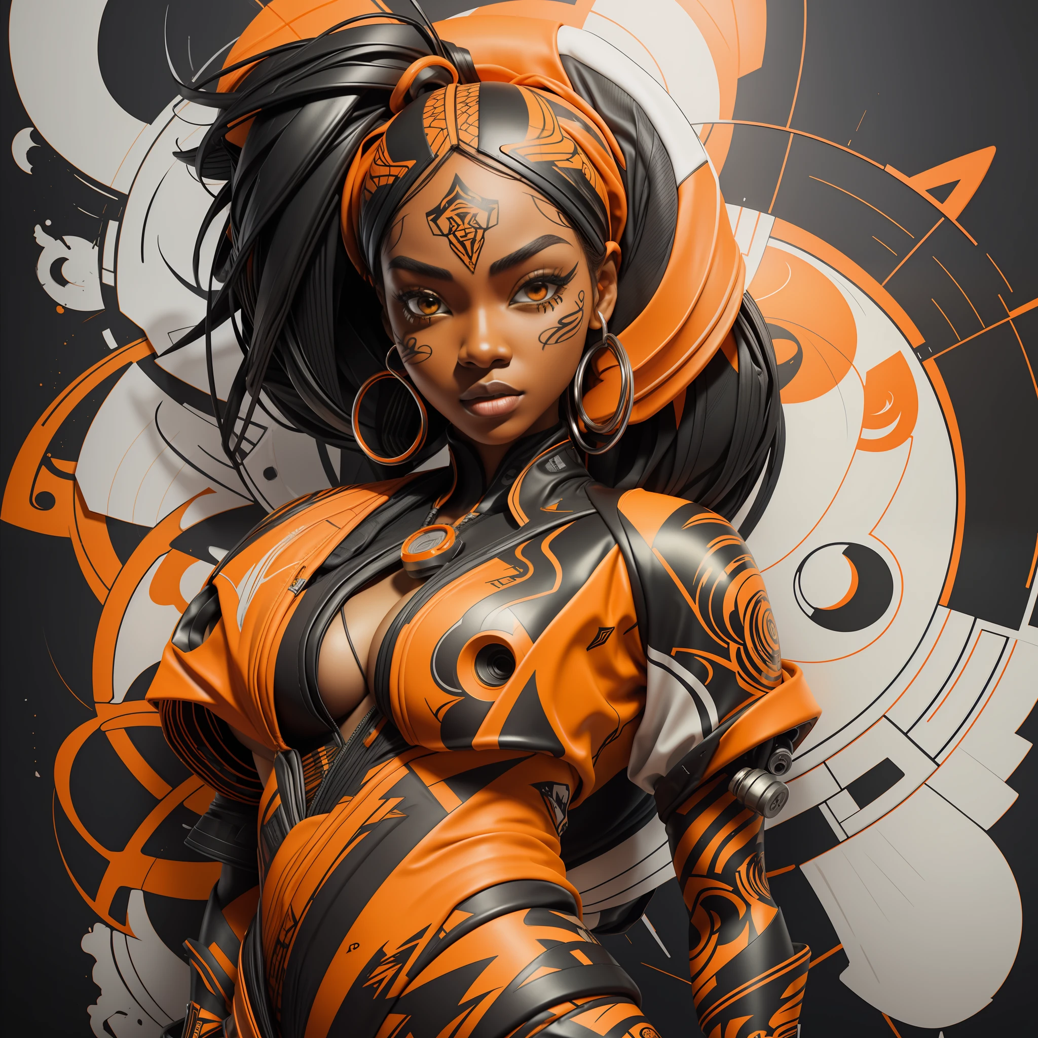 Textures: 1.5, orange: 1.1, white: 1.3, yellow: 1.3, (black woman), sexy, tattoos, (power puffer clothes: 1.2), 3d graffitti, abstract, lines, background circles