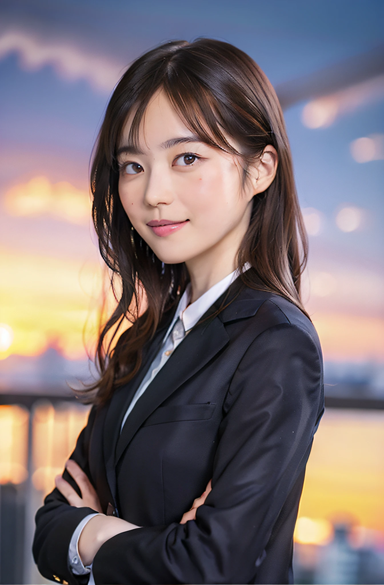1 girl, solo, parted lips, office lady, suit,
Skyline, clouds, sunset, arms behind your head, looking at the audience, smiling,