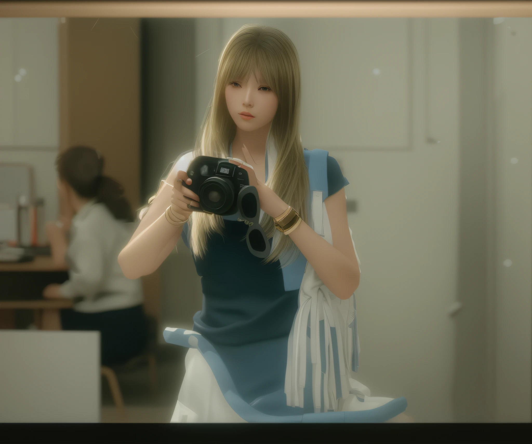 there is a woman holding a camera in a room with a table, fashion gameplay screenshot, photorealistic content, video game screenshot>, nostalgic vibes, style game square enix, inspired by Ayami Kojima, style game square enix life, [ 4 k photorealism ]!!, inspired by Miwa Komatsu, [ realistic photography ]
