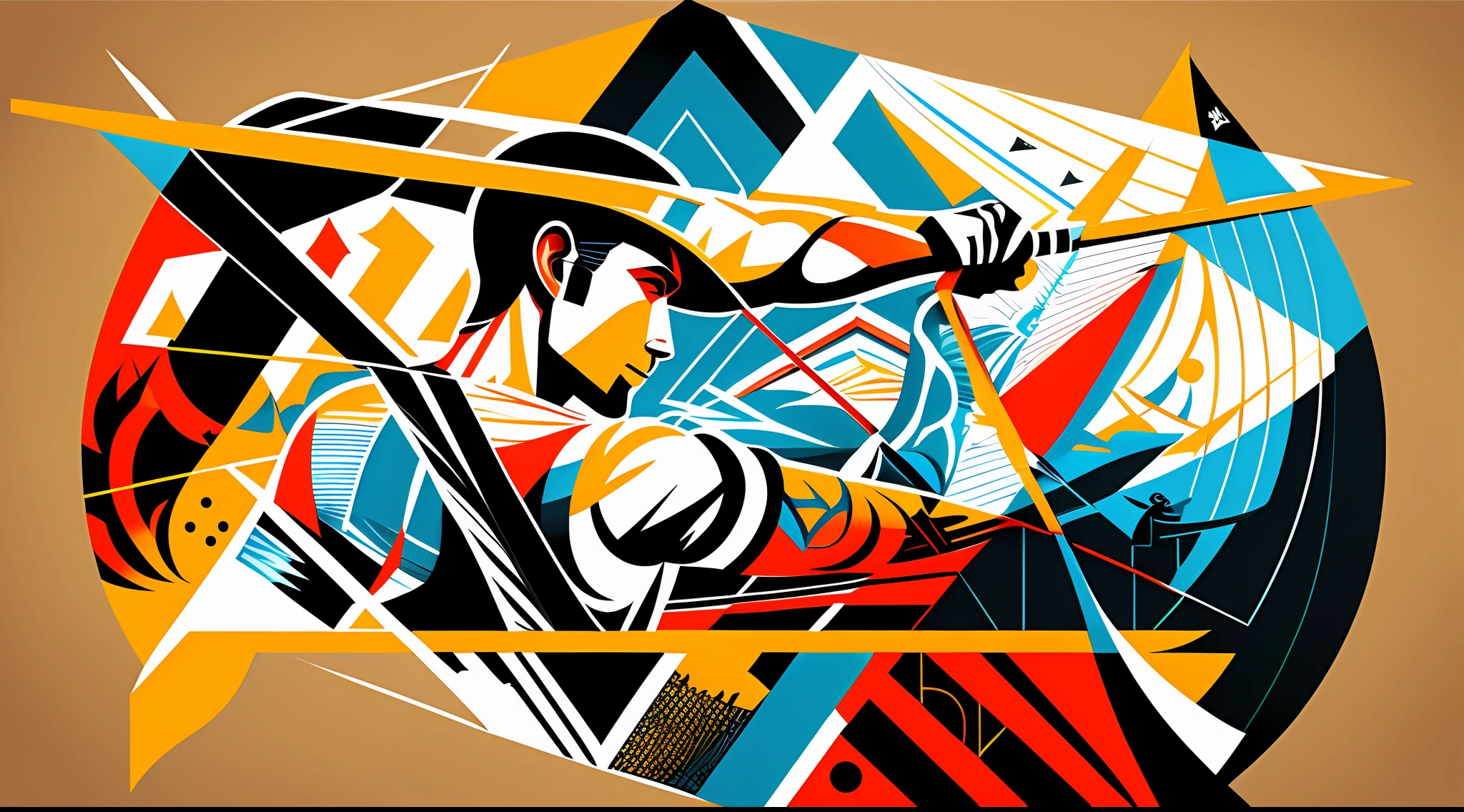 sketch  a abstract flat color vector designed poster of  A detailed graffiti street art of  logo for a sport cloth company, using basic shapes, representation of an archer and his relationship with the target his bow and his arrow, Containing a maximum of four colors, like old movie poster,HD, 64k --auto --s2